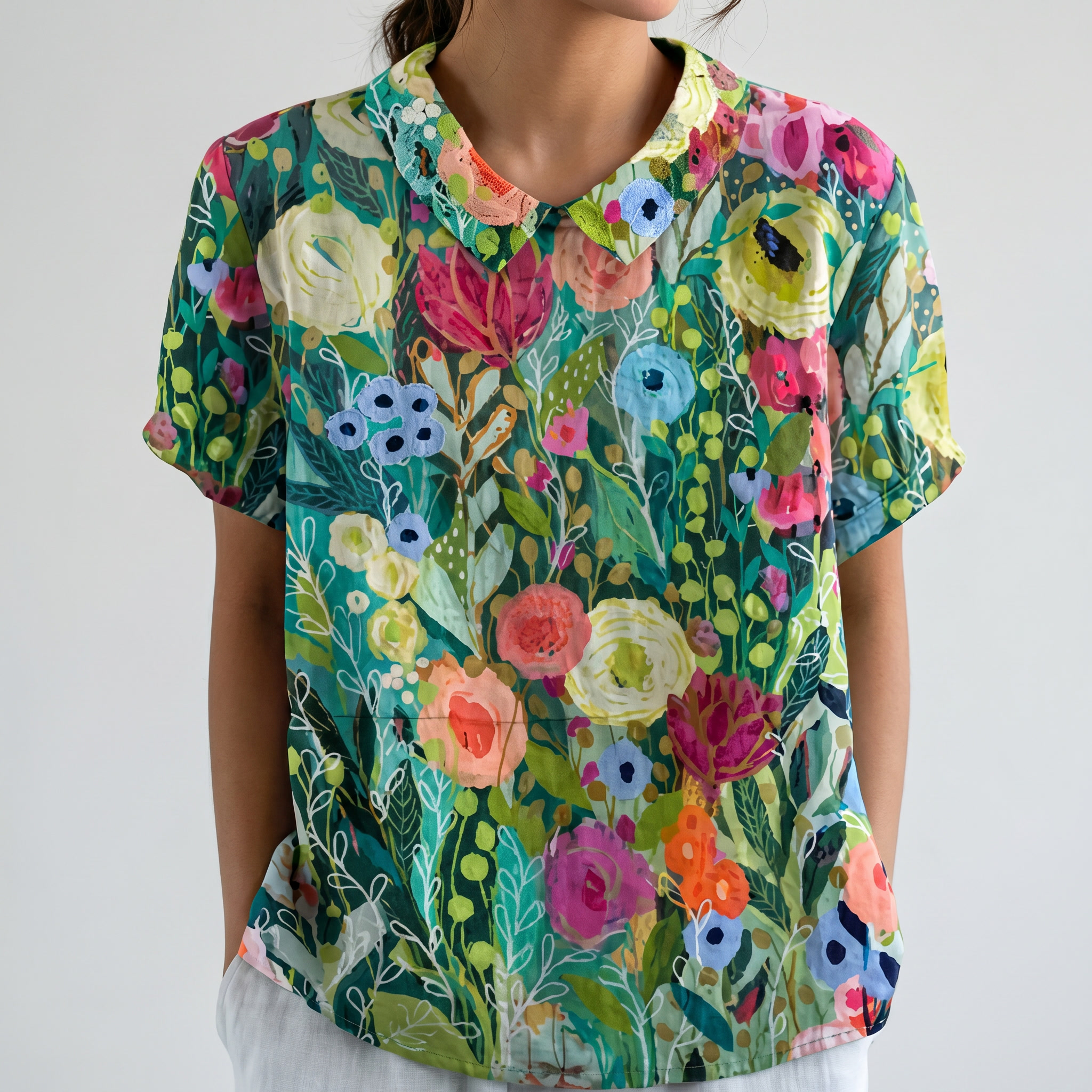 PetalCollar™ | Women's Print & Embroidery Short Sleeve Top