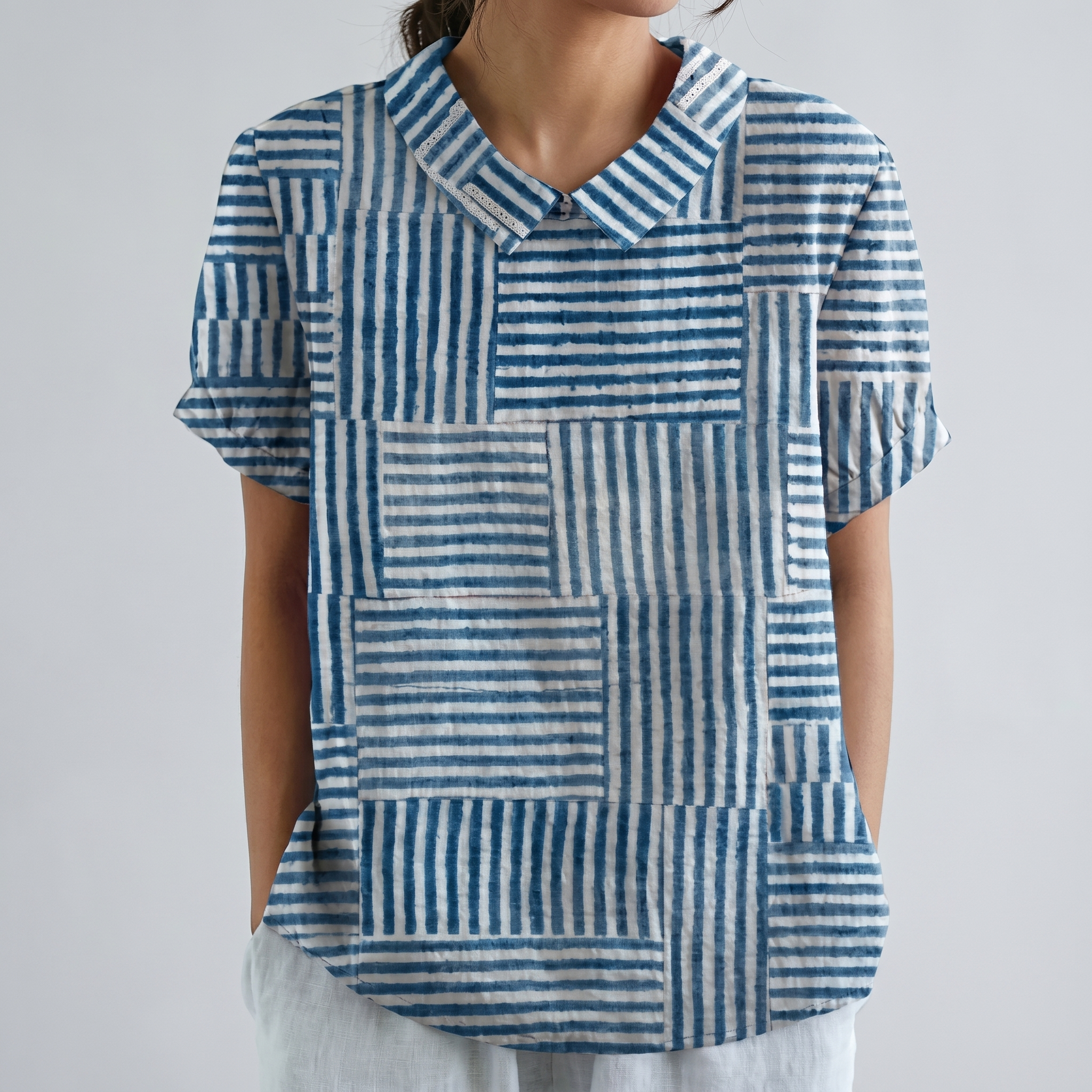PetalCollar™ | Women's Print & Embroidery Short Sleeve Top
