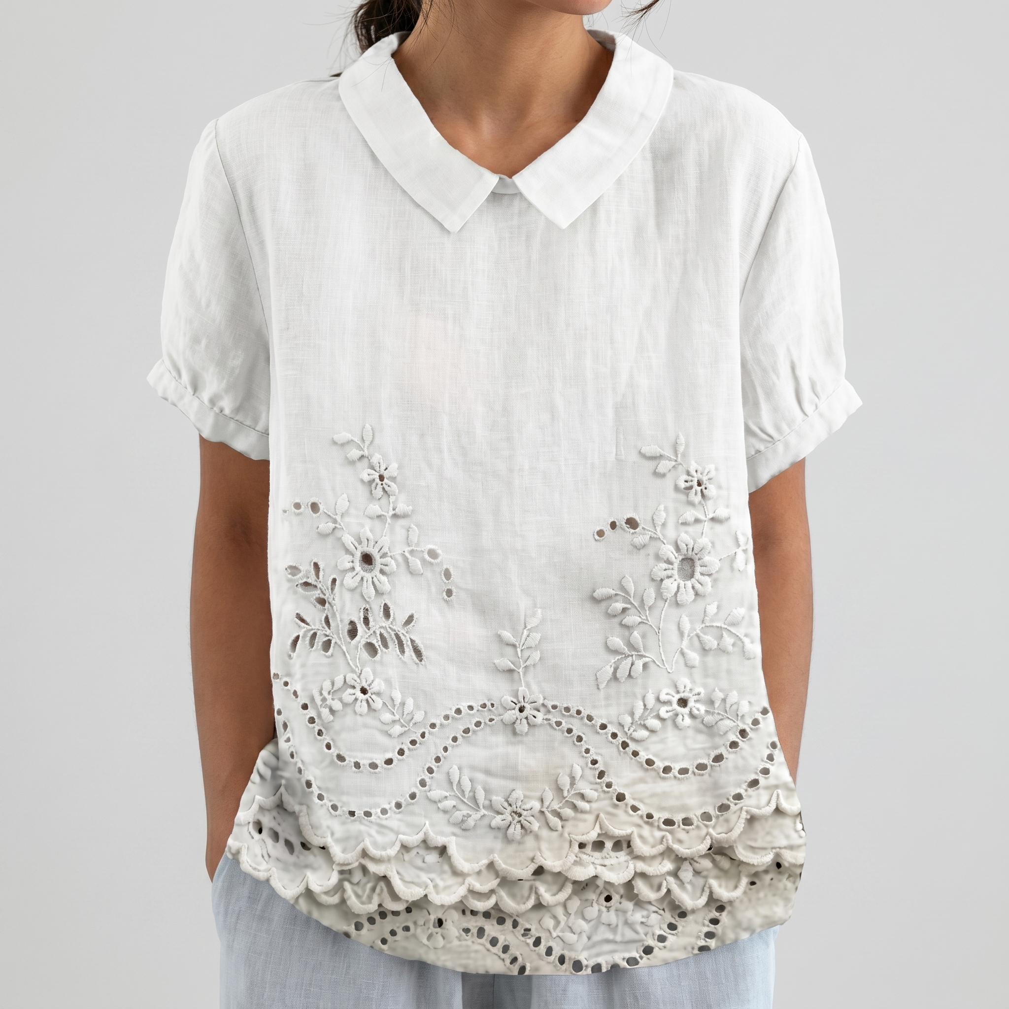 PetalCollar™ | Women's Print & Embroidery Short Sleeve Top