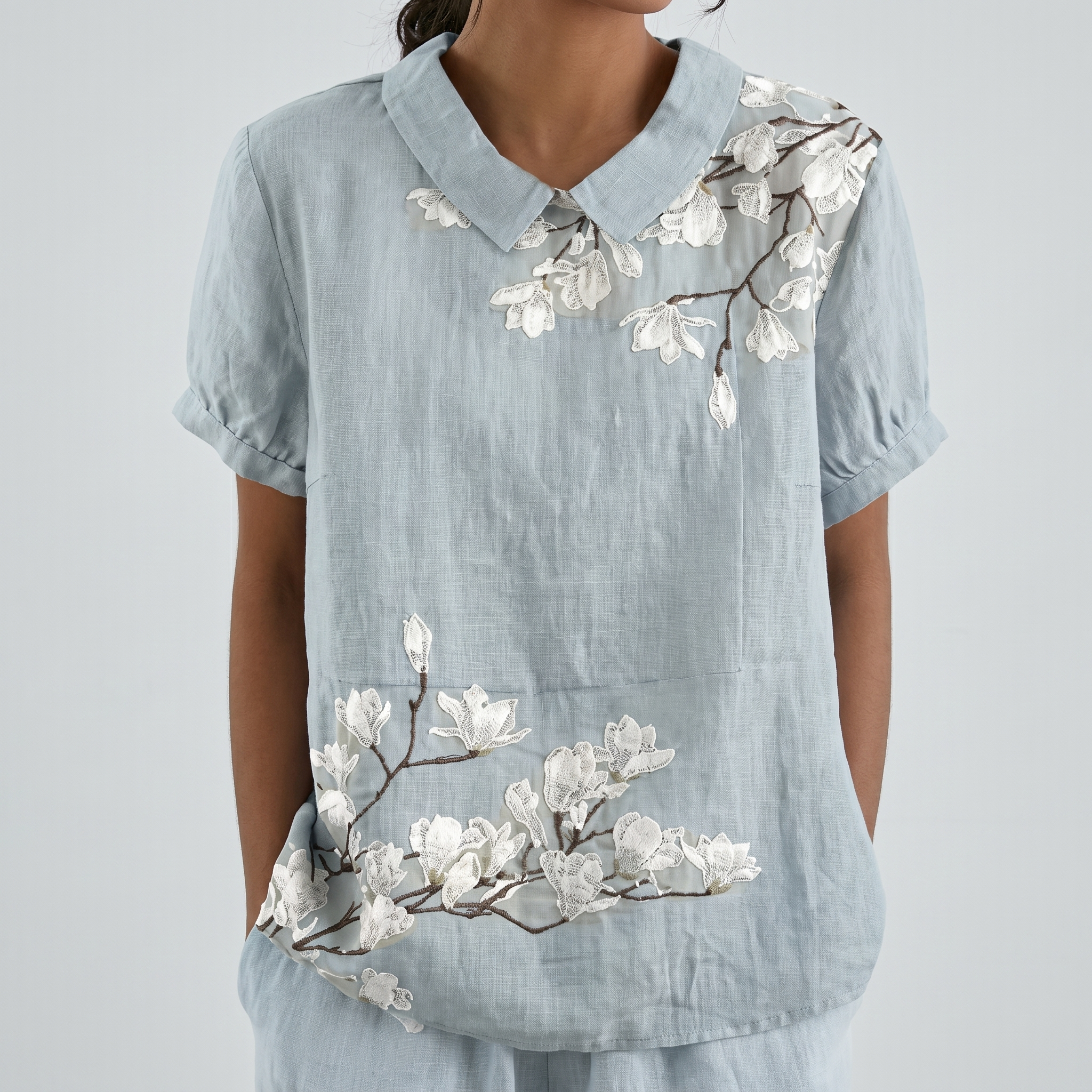 PetalCollar™ | Women's Print & Embroidery Short Sleeve Top