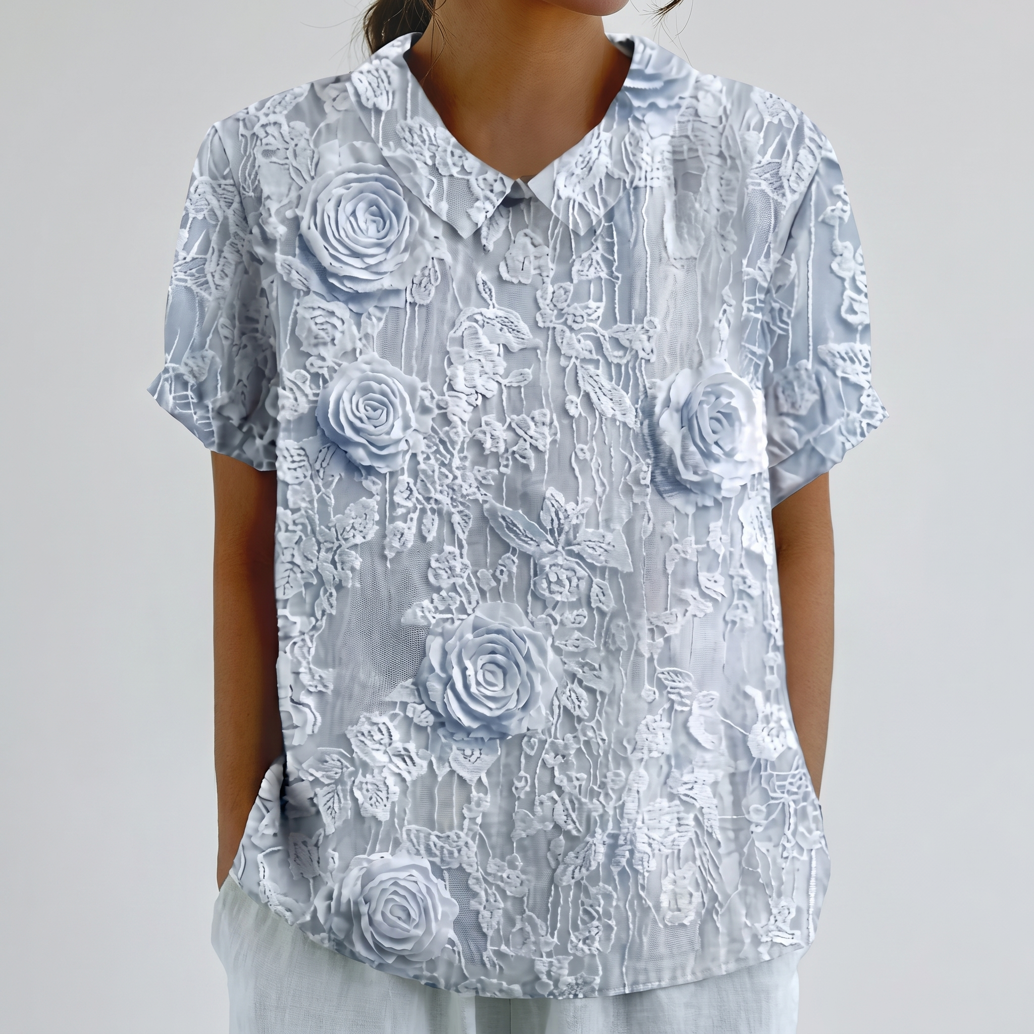 PetalCollar™ | Women's Print & Embroidery Short Sleeve Top