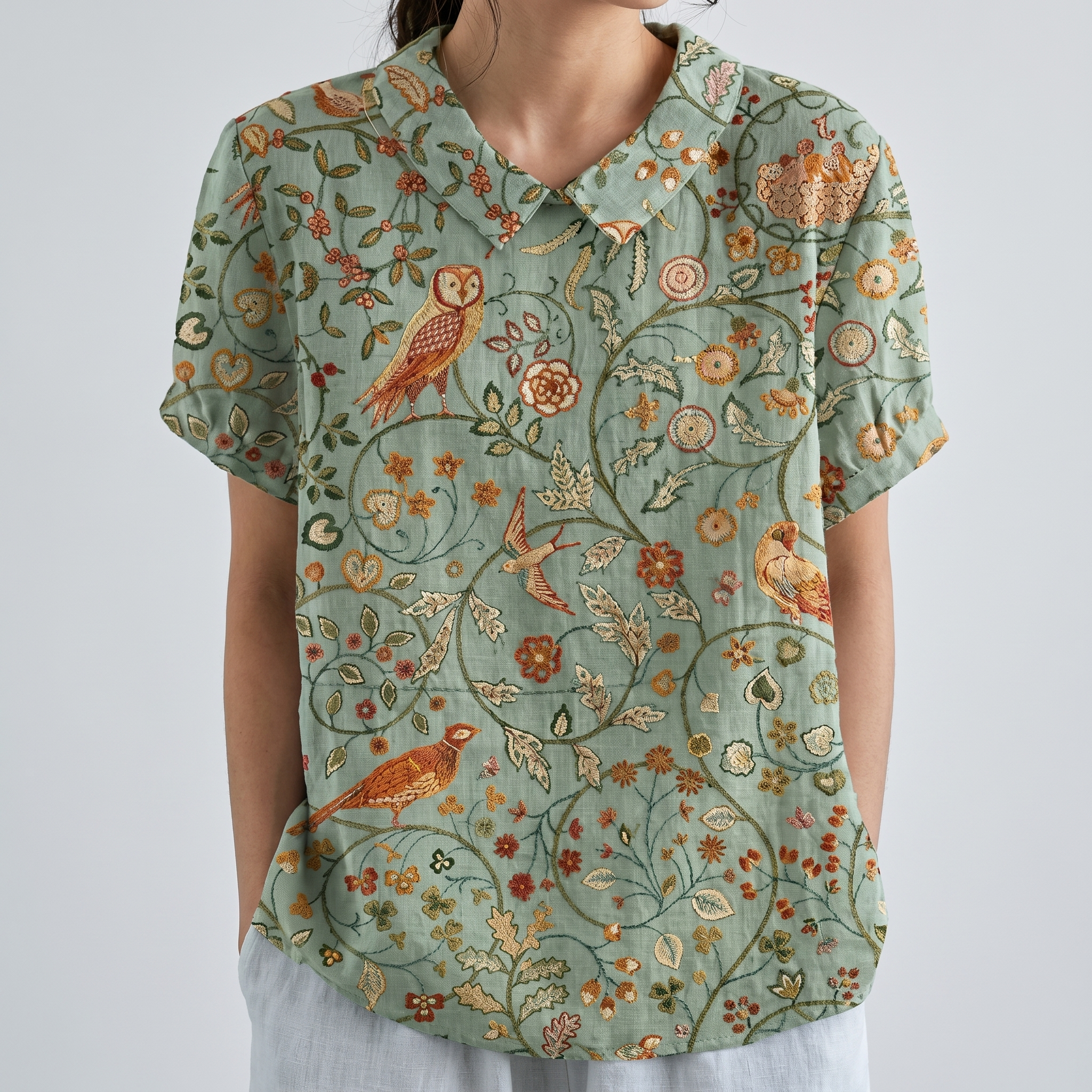 PetalCollar™ | Women's Print & Embroidery Short Sleeve Top