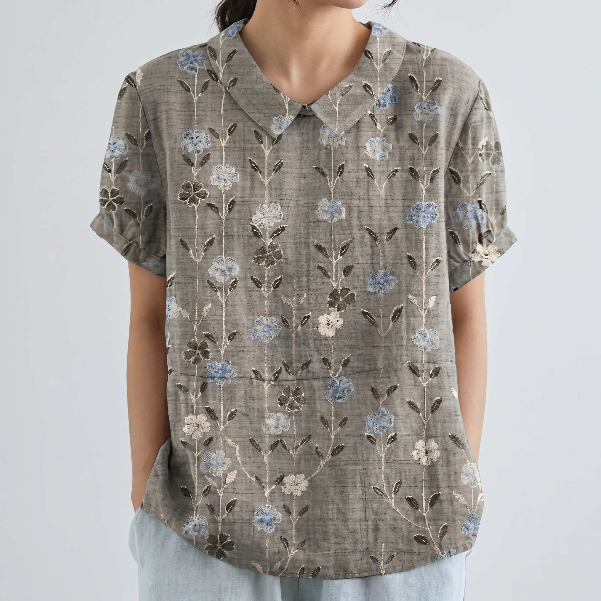 PetalCollar™ | Women's Print & Embroidery Short Sleeve Top