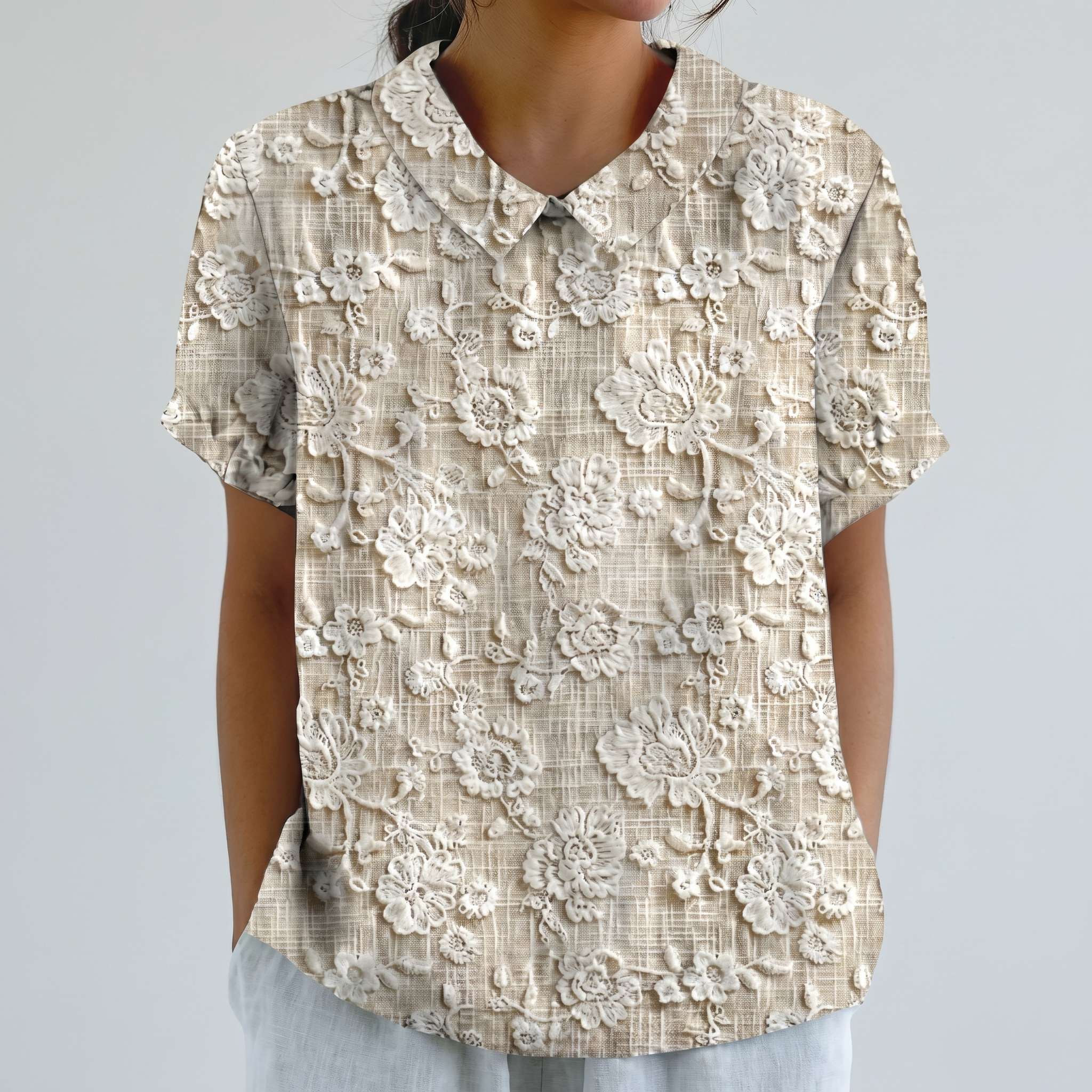 PetalCollar™ | Women's Print & Embroidery Short Sleeve Top