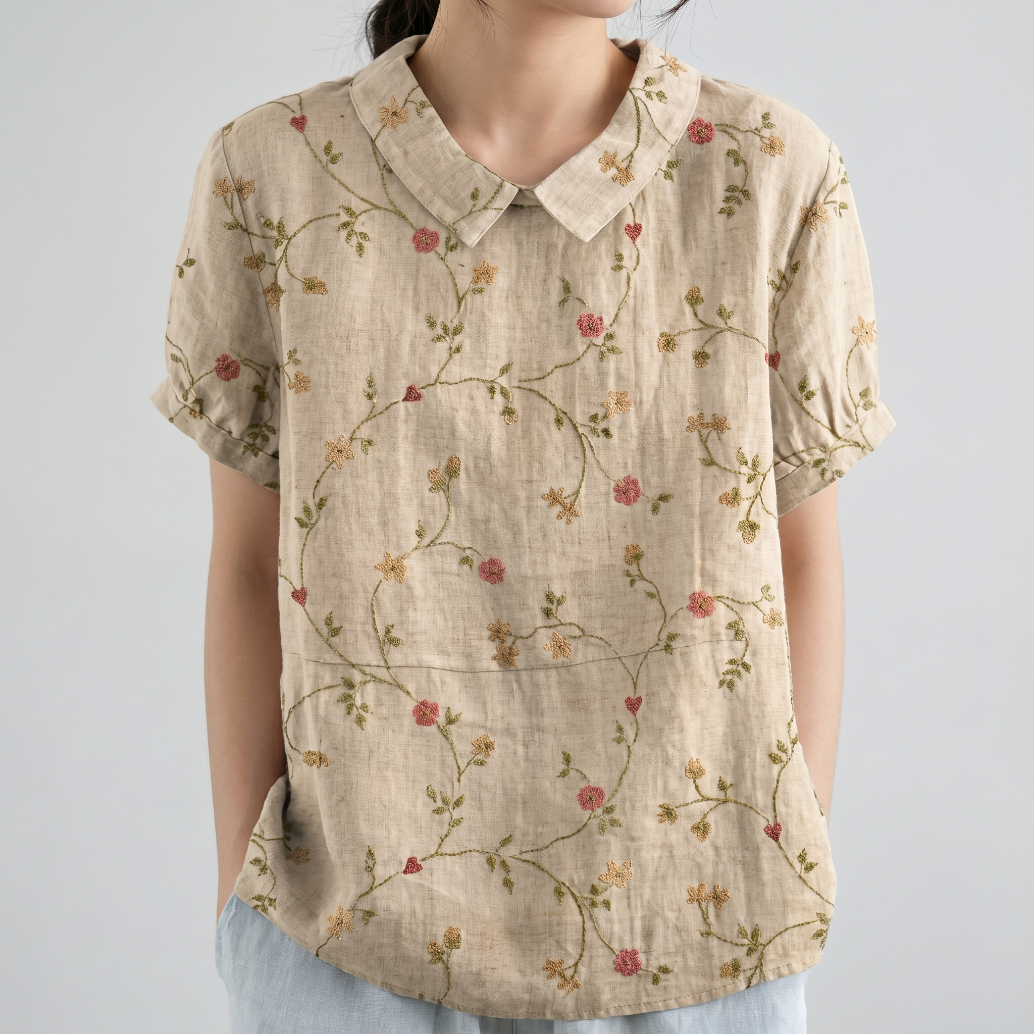 PetalCollar™ | Women's Print & Embroidery Short Sleeve Top