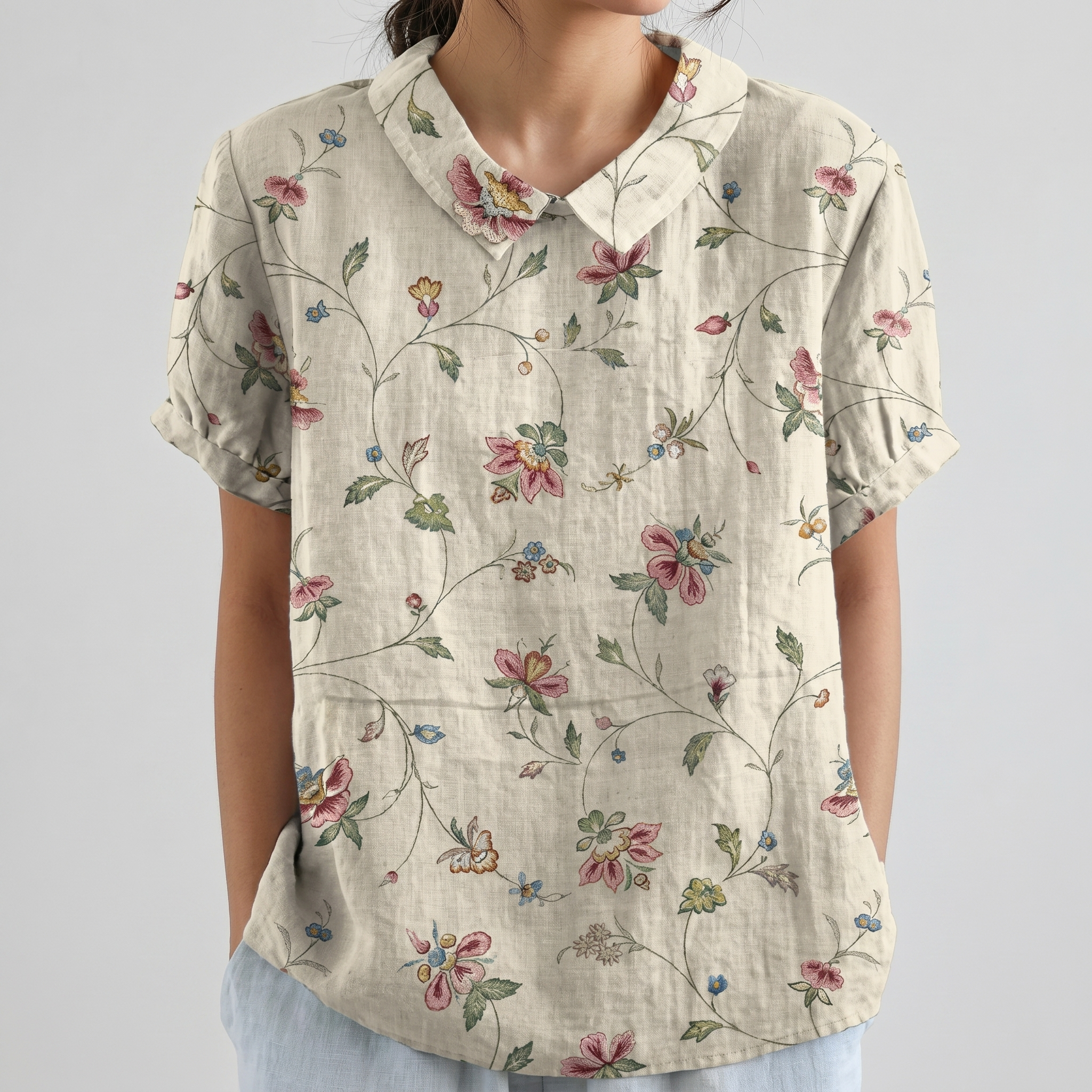 PetalCollar™ | Women's Print & Embroidery Short Sleeve Top