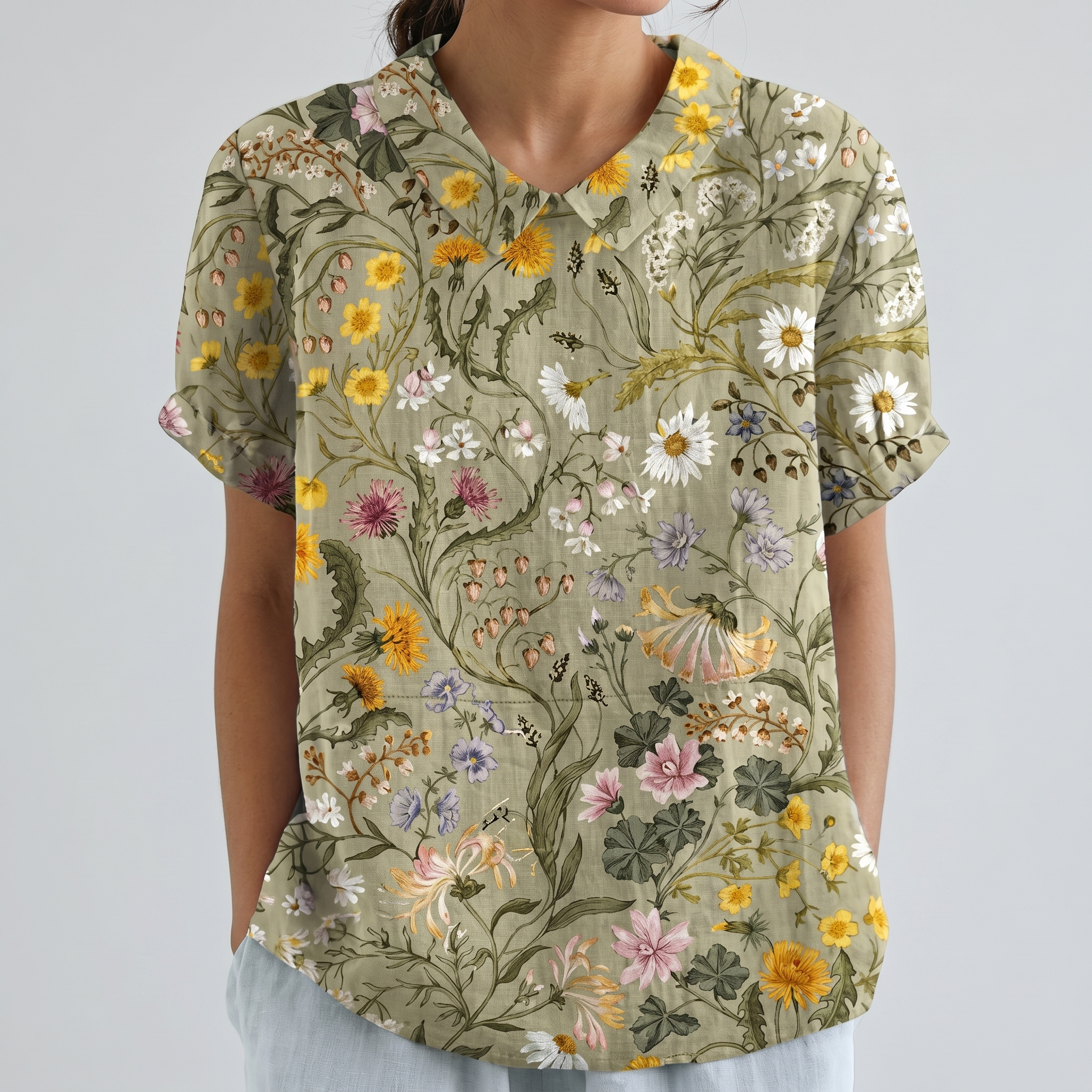 PetalCollar™ | Women's Print & Embroidery Short Sleeve Top