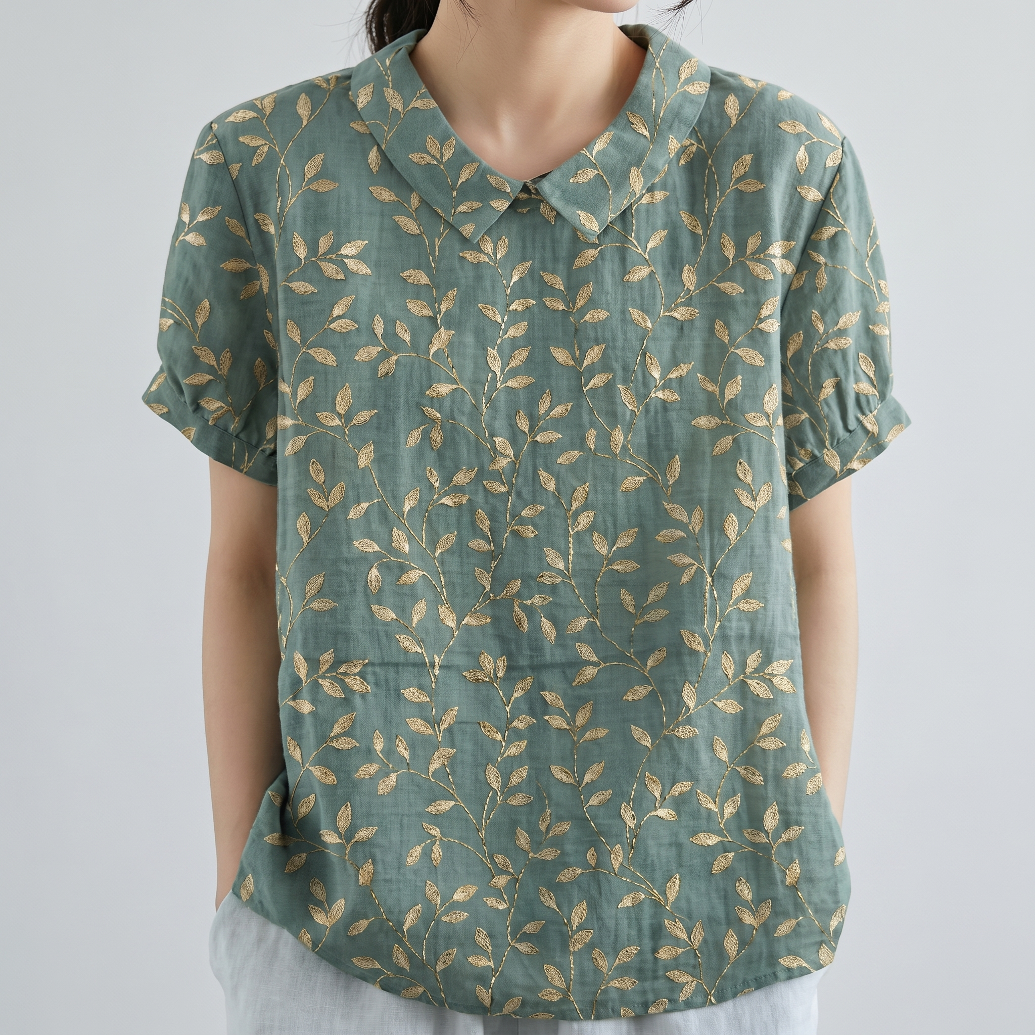 PetalCollar™ | Women's Print & Embroidery Short Sleeve Top