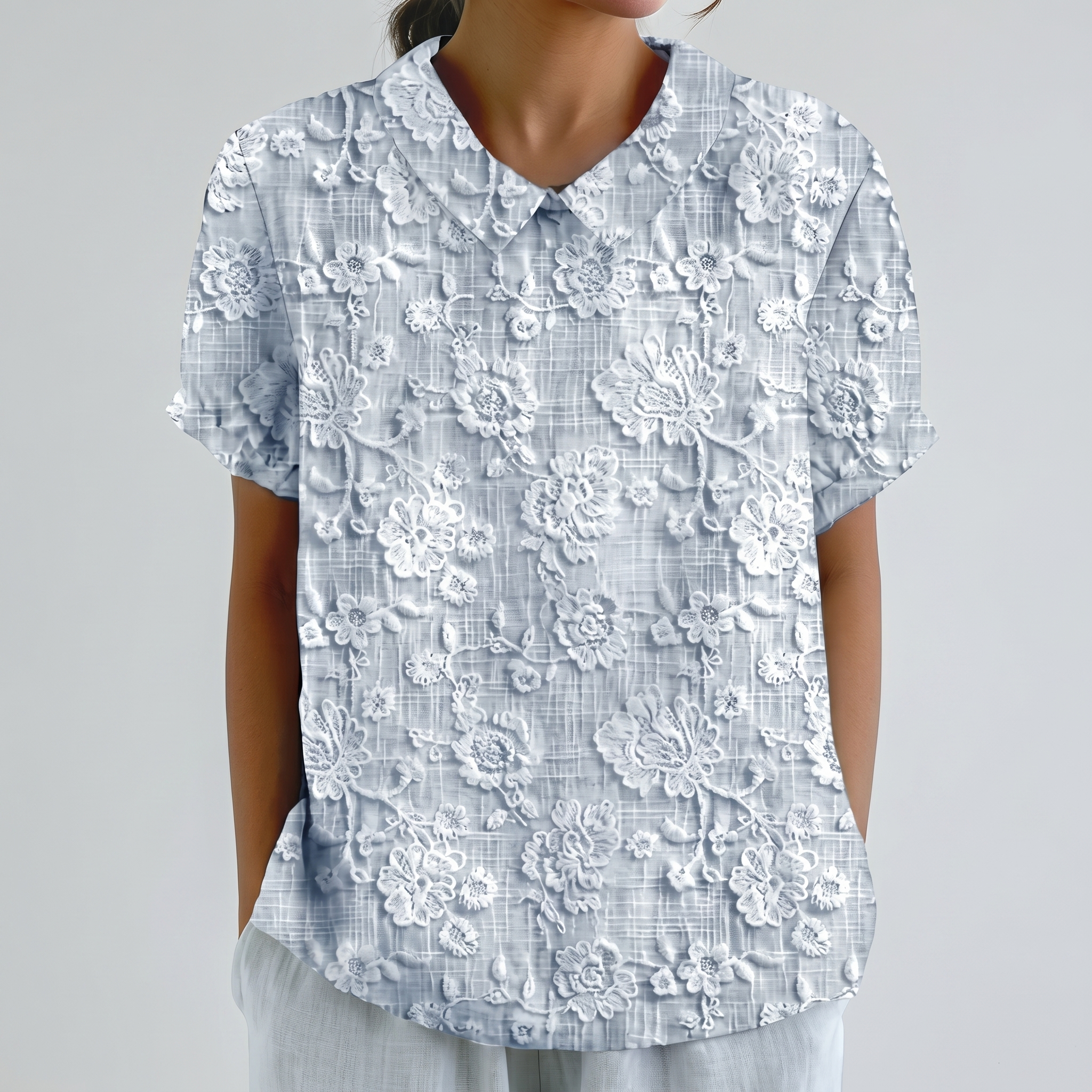 PetalCollar™ | Women's Print & Embroidery Short Sleeve Top