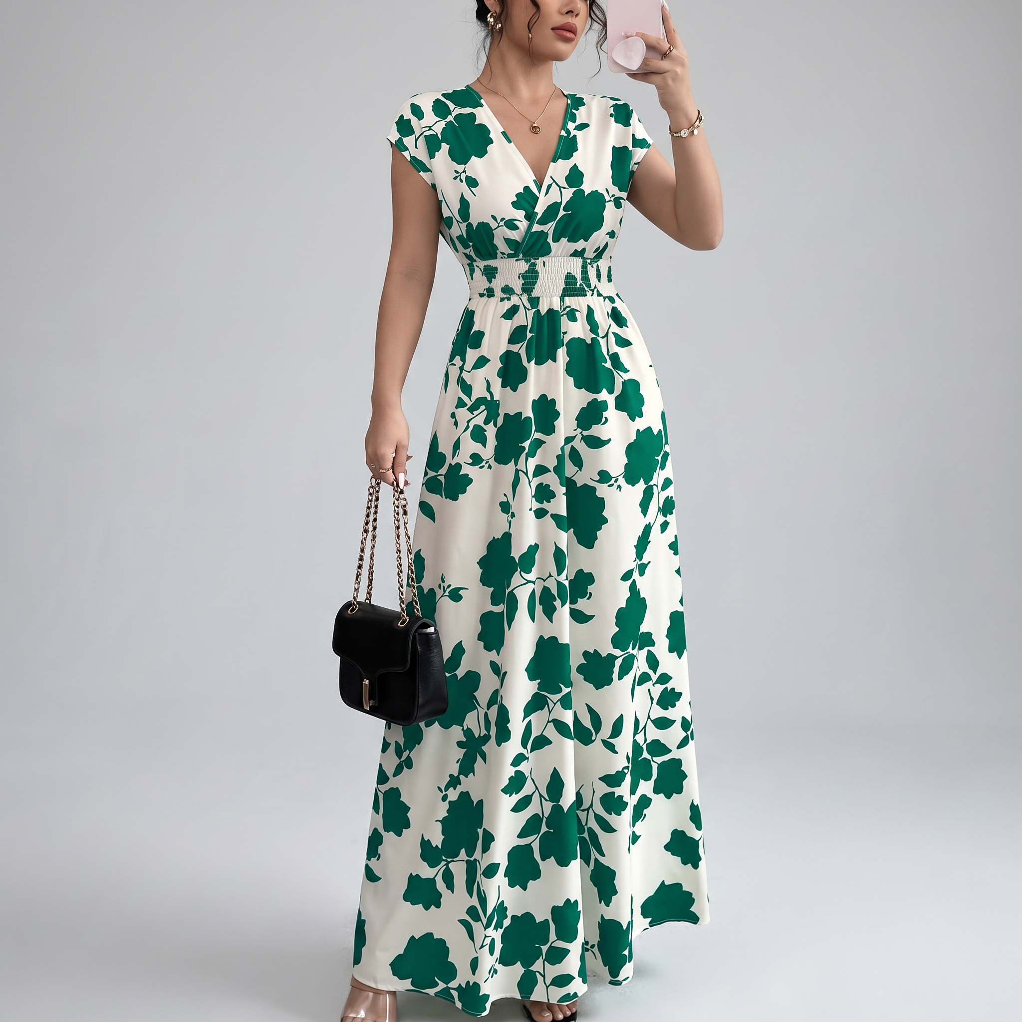 Elegant Floral Smocked Maxi Dress