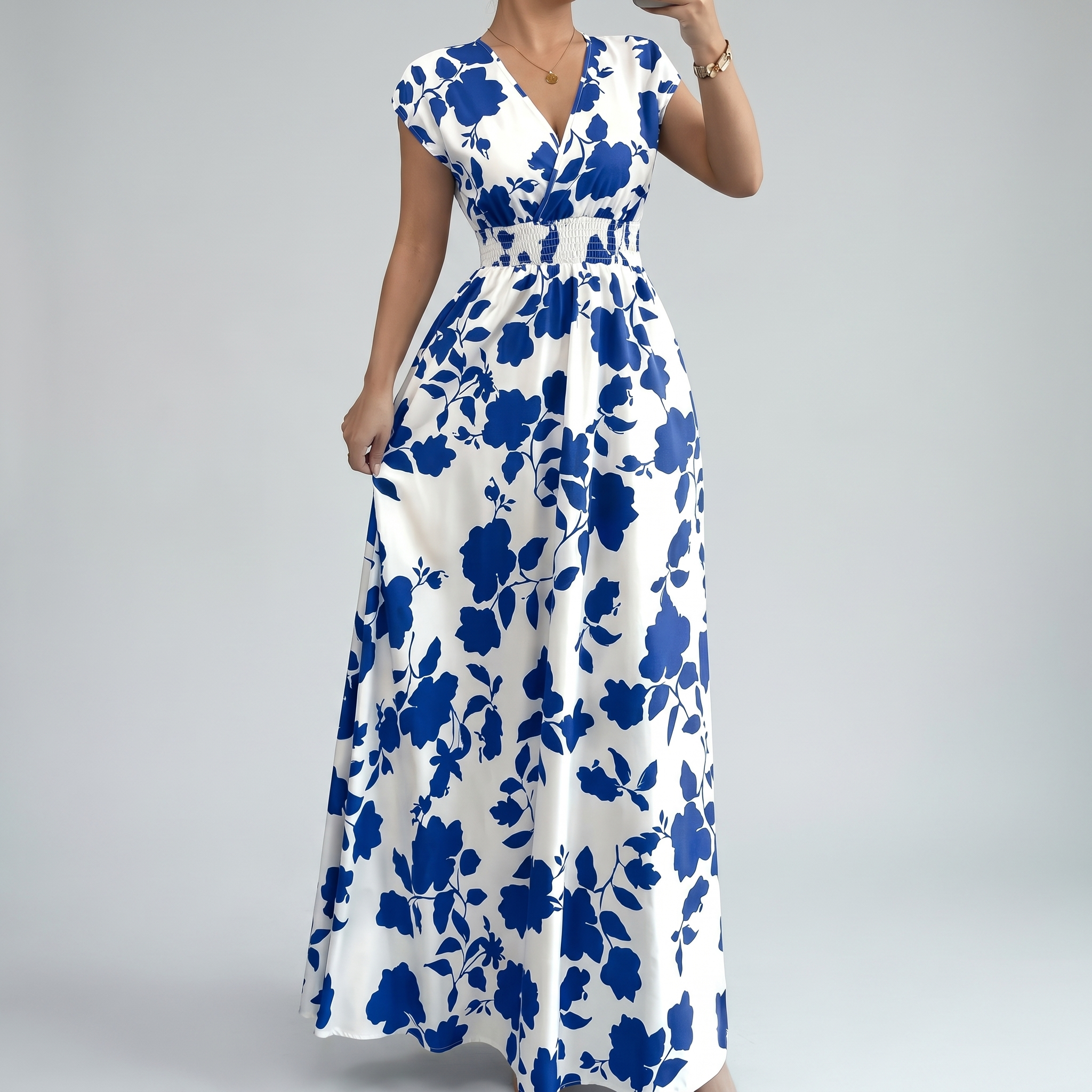 Elegant Floral Smocked Maxi Dress