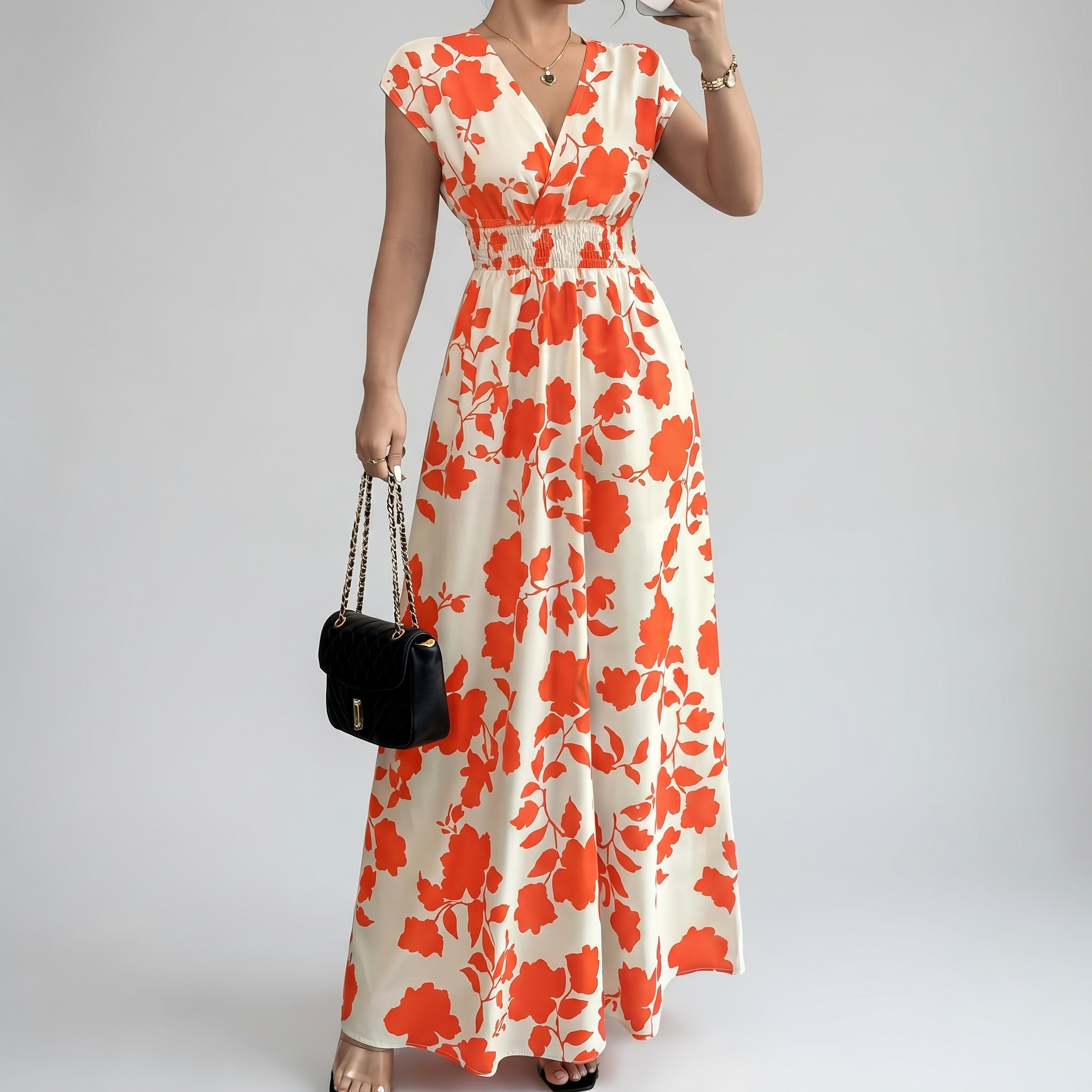 Elegant Floral Smocked Maxi Dress