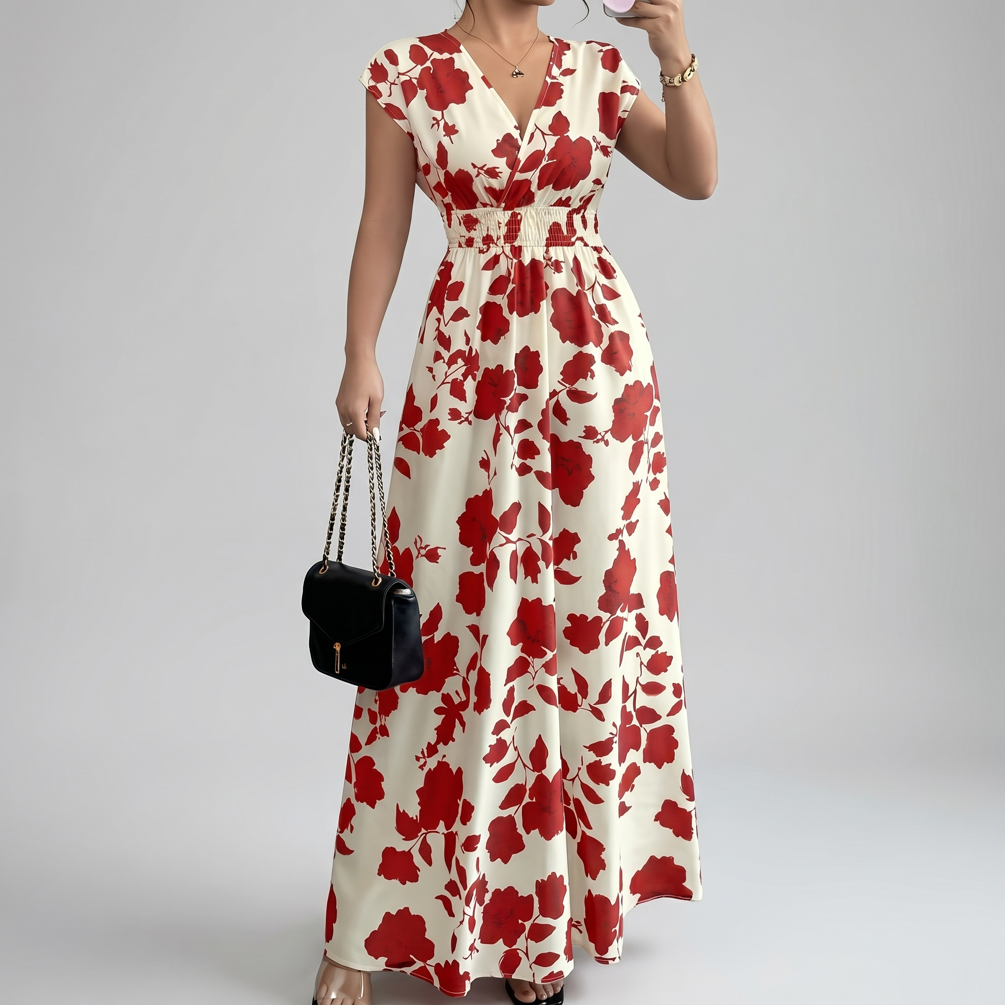 Elegant Floral Smocked Maxi Dress