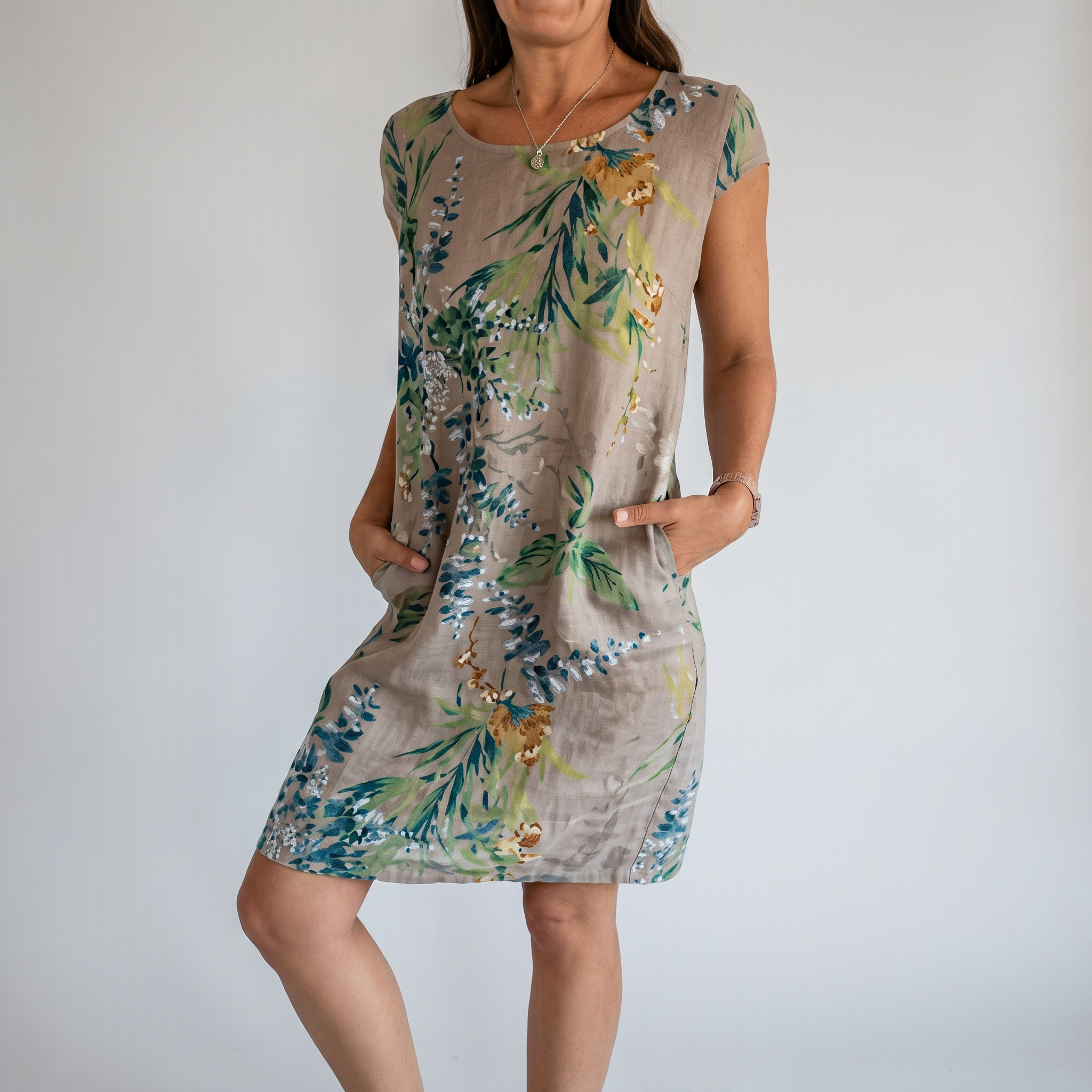 Breathable Tropical Print Side-Pocket Shift Dress