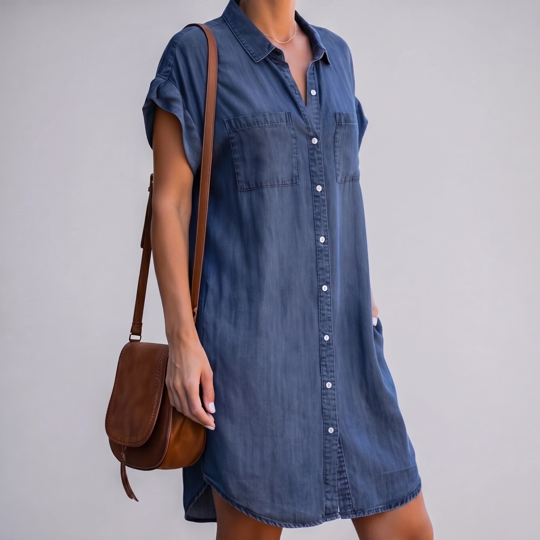 Effortless Versatile Short-Sleeve Denim Shirt-Dress