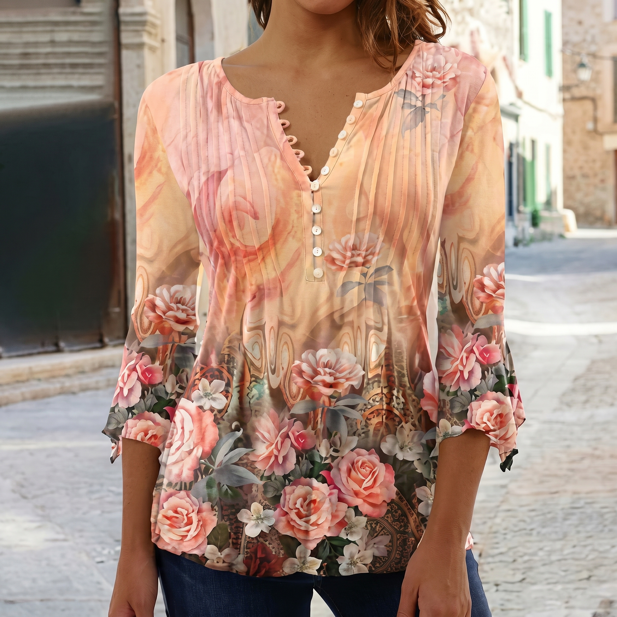 Floral Pintuck Bell Sleeve Blouse