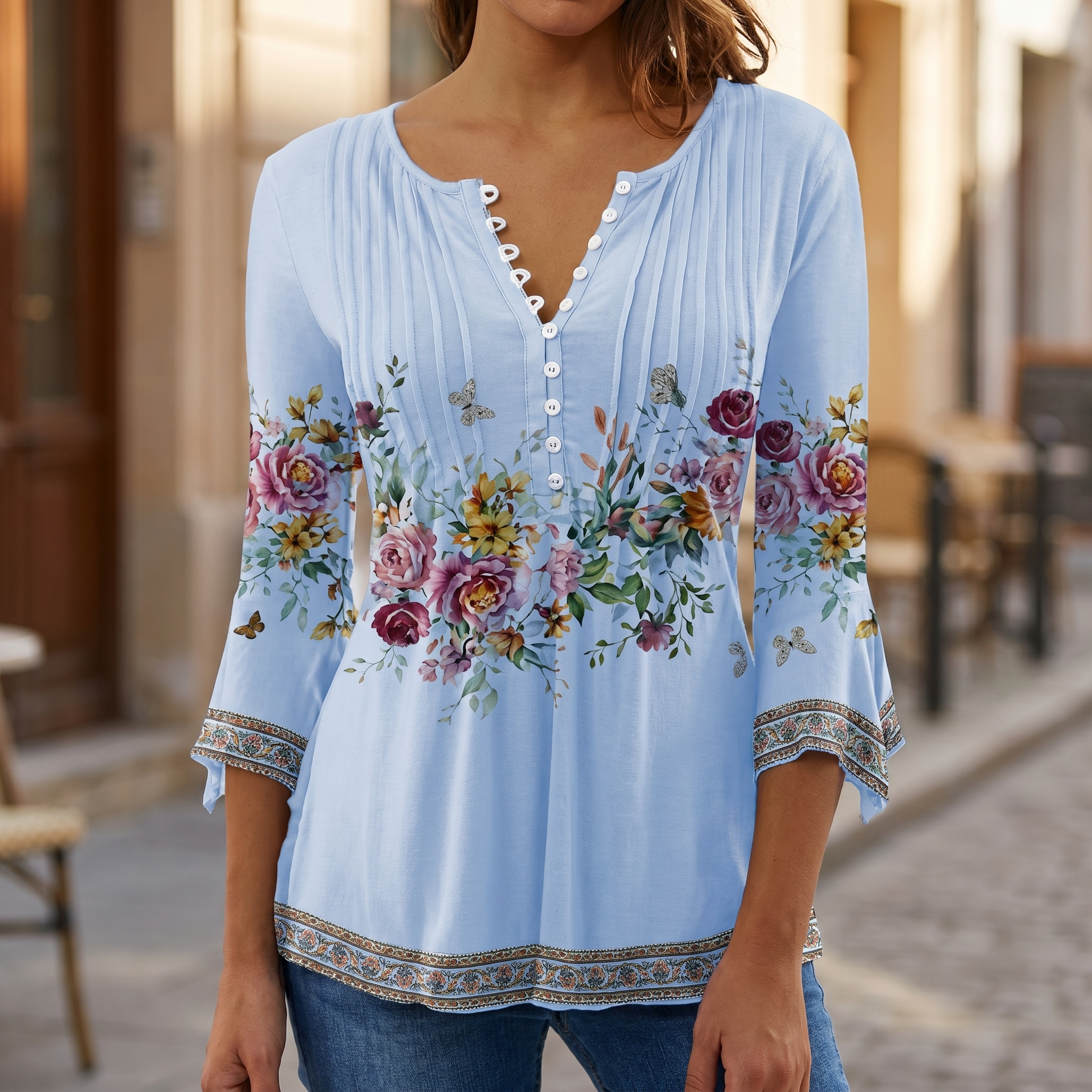 Floral Pintuck Bell Sleeve Blouse