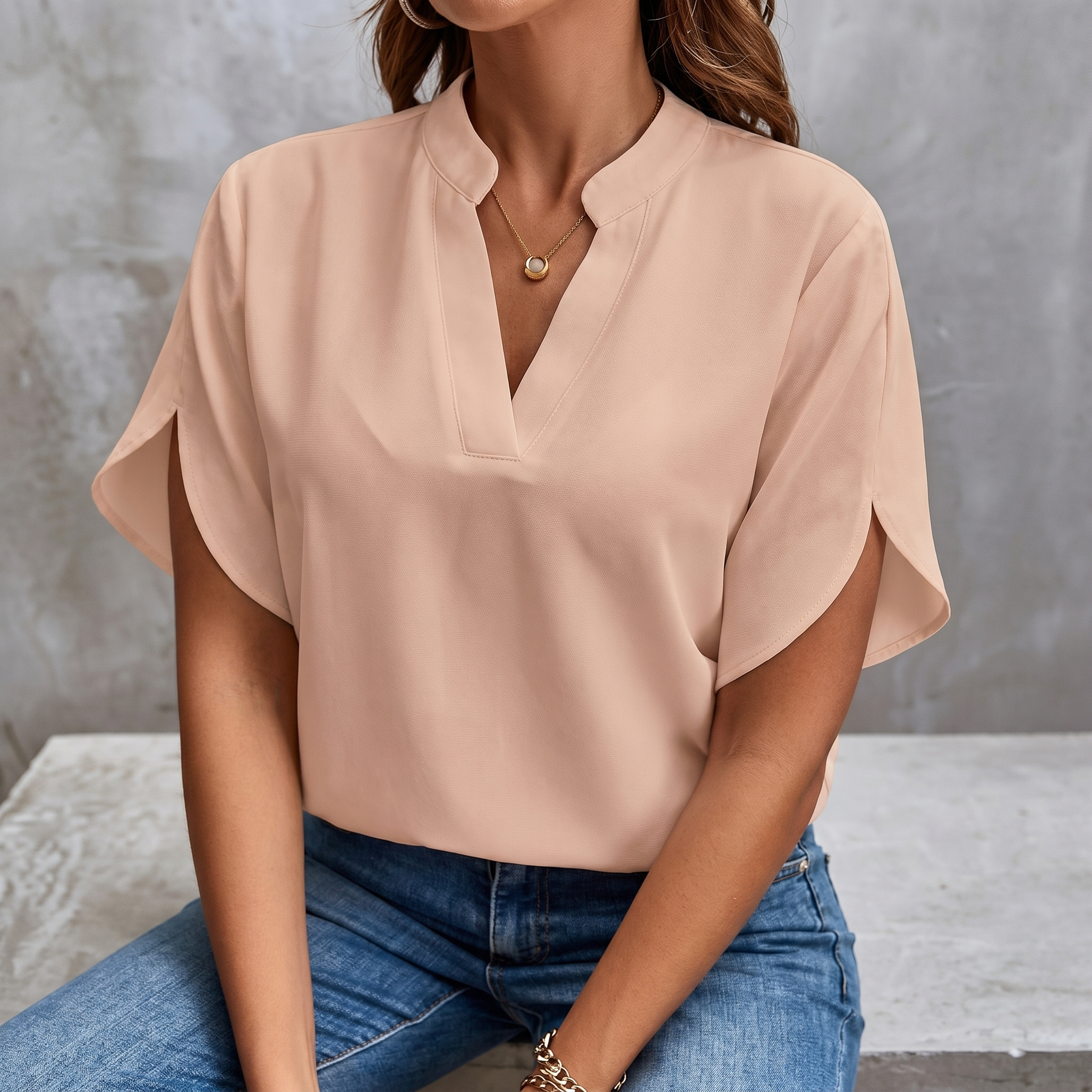 Notch Neck Tulip Sleeve Blouse