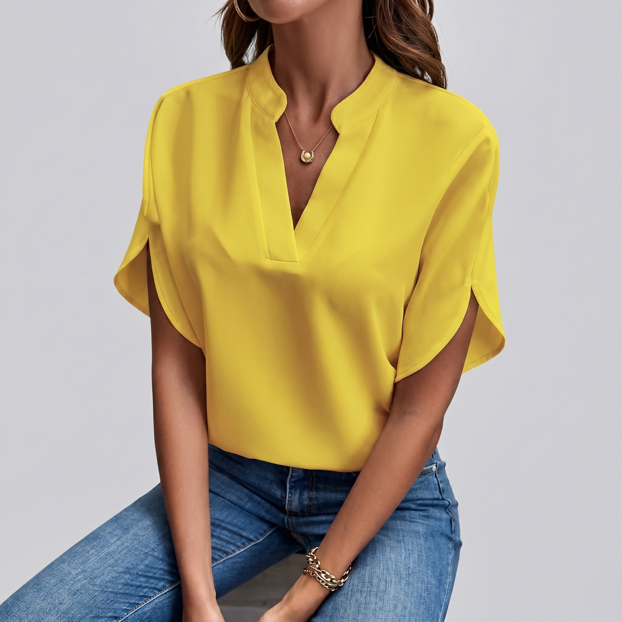Notch Neck Tulip Sleeve Blouse