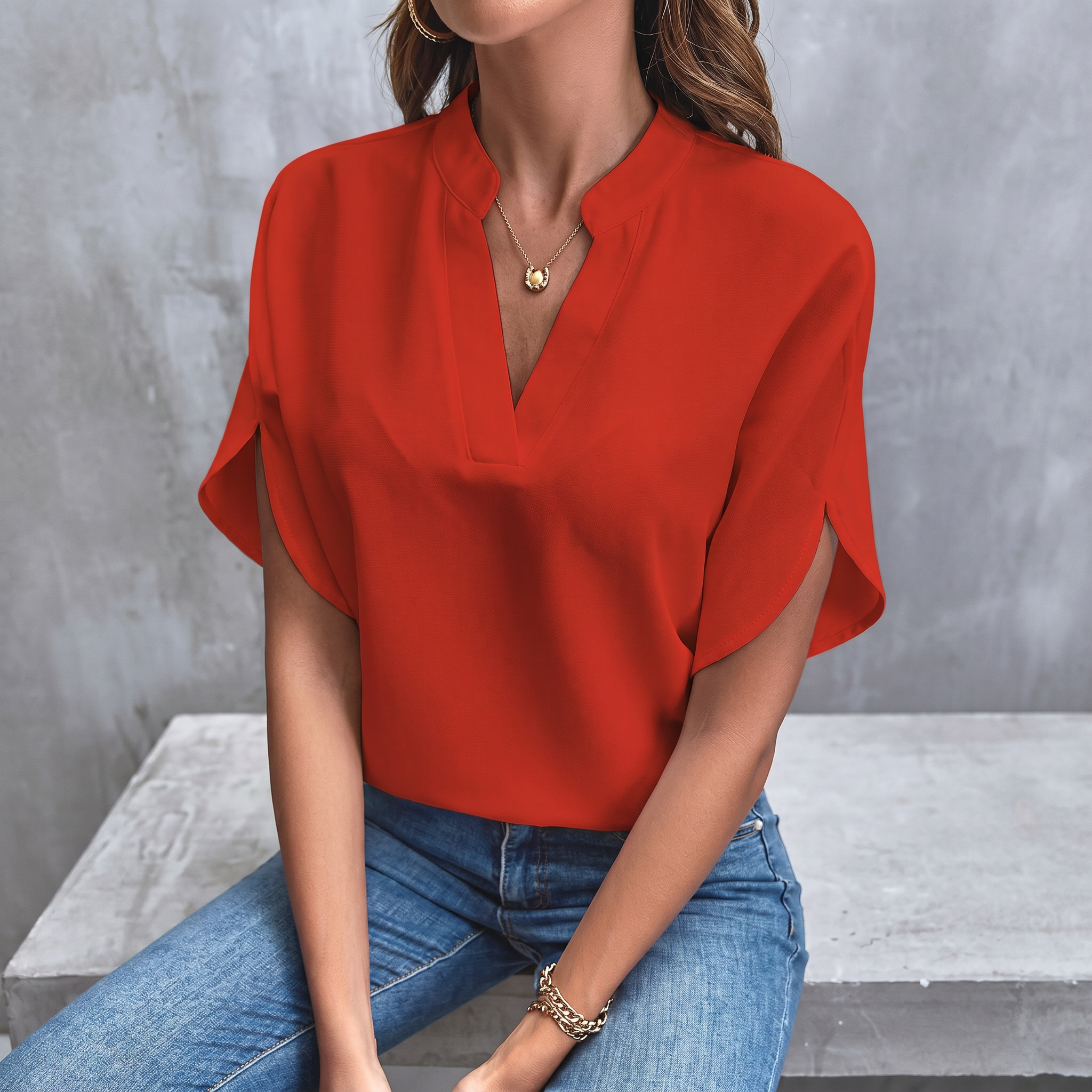 Notch Neck Tulip Sleeve Blouse