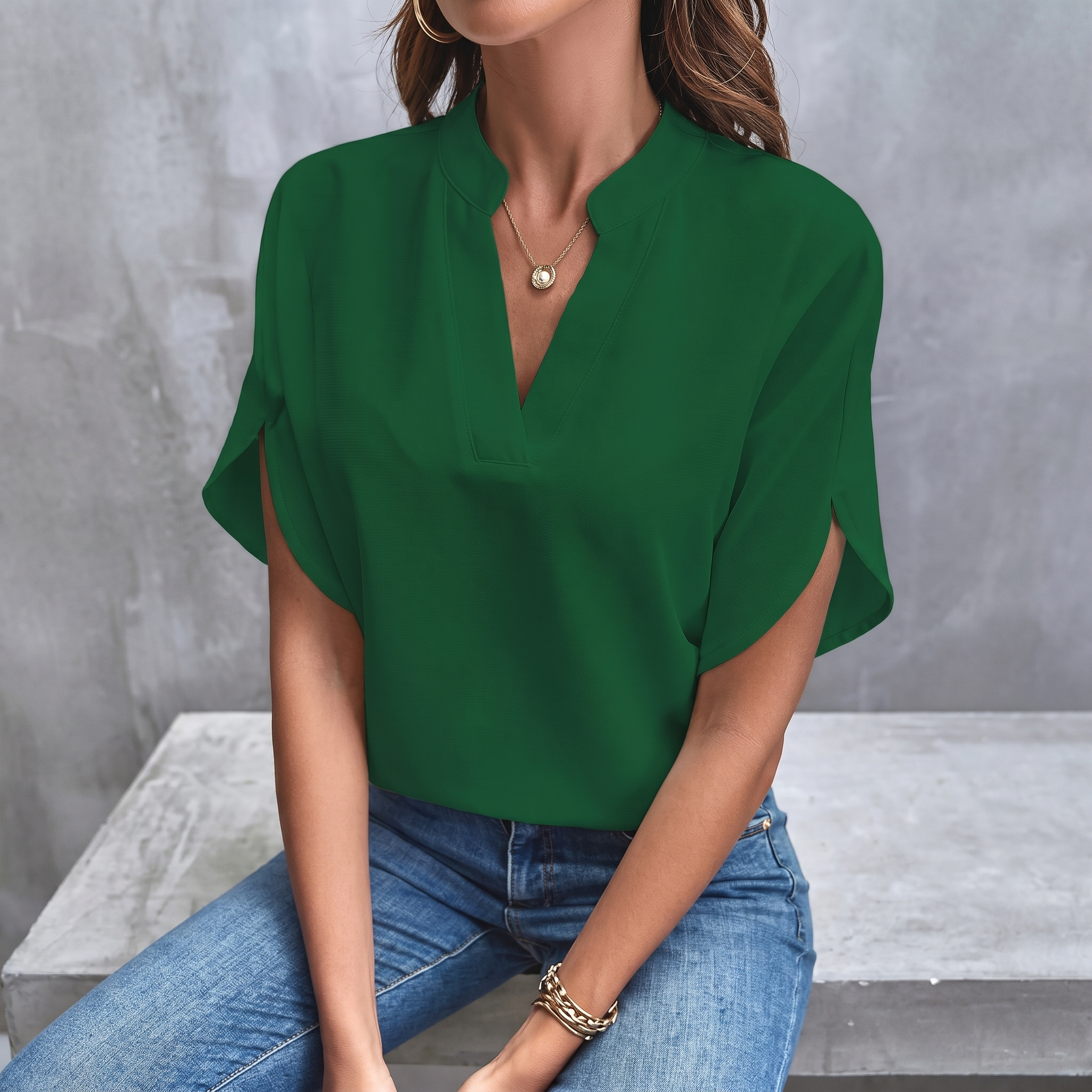 Notch Neck Tulip Sleeve Blouse