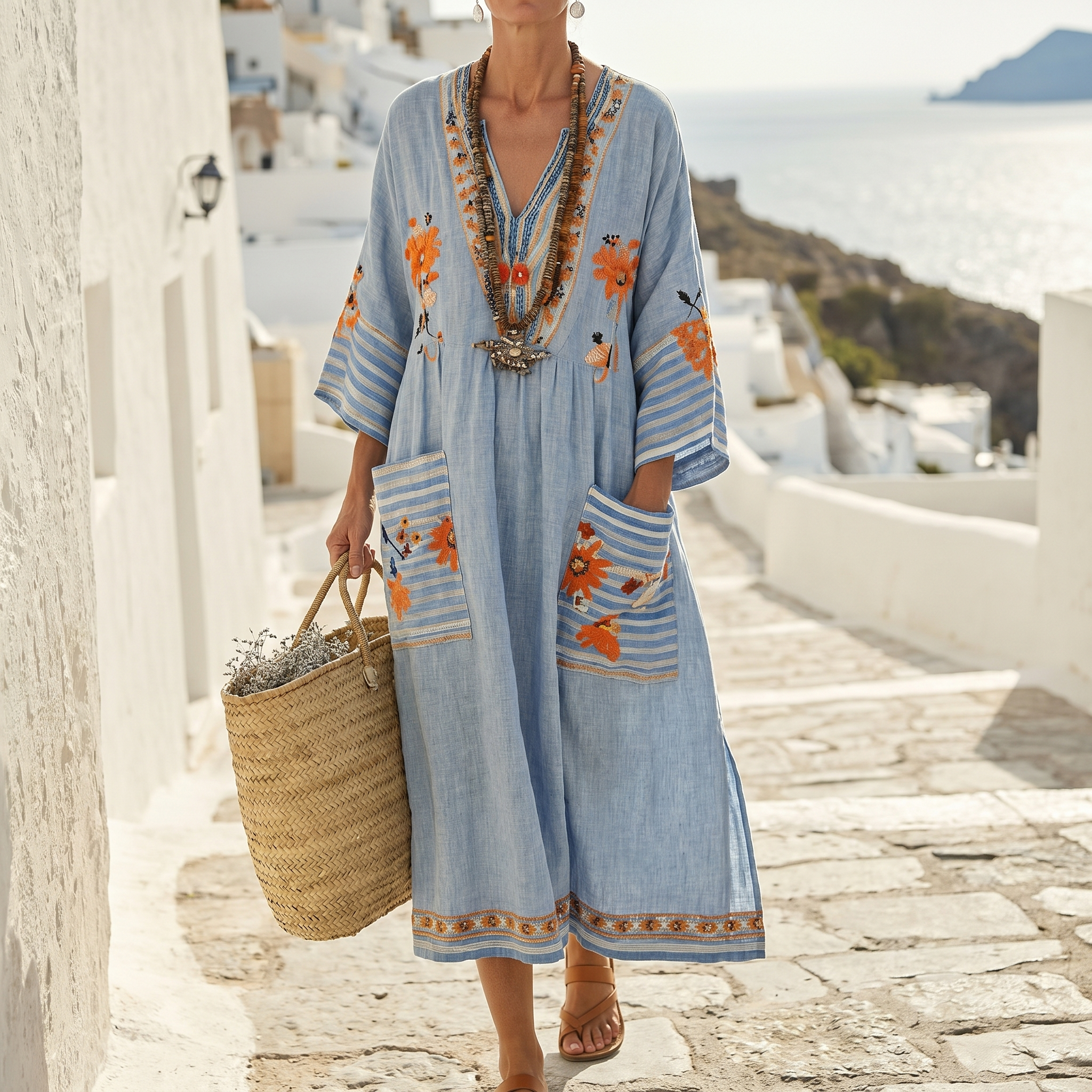 Striped Embroidered V-Neck Dress