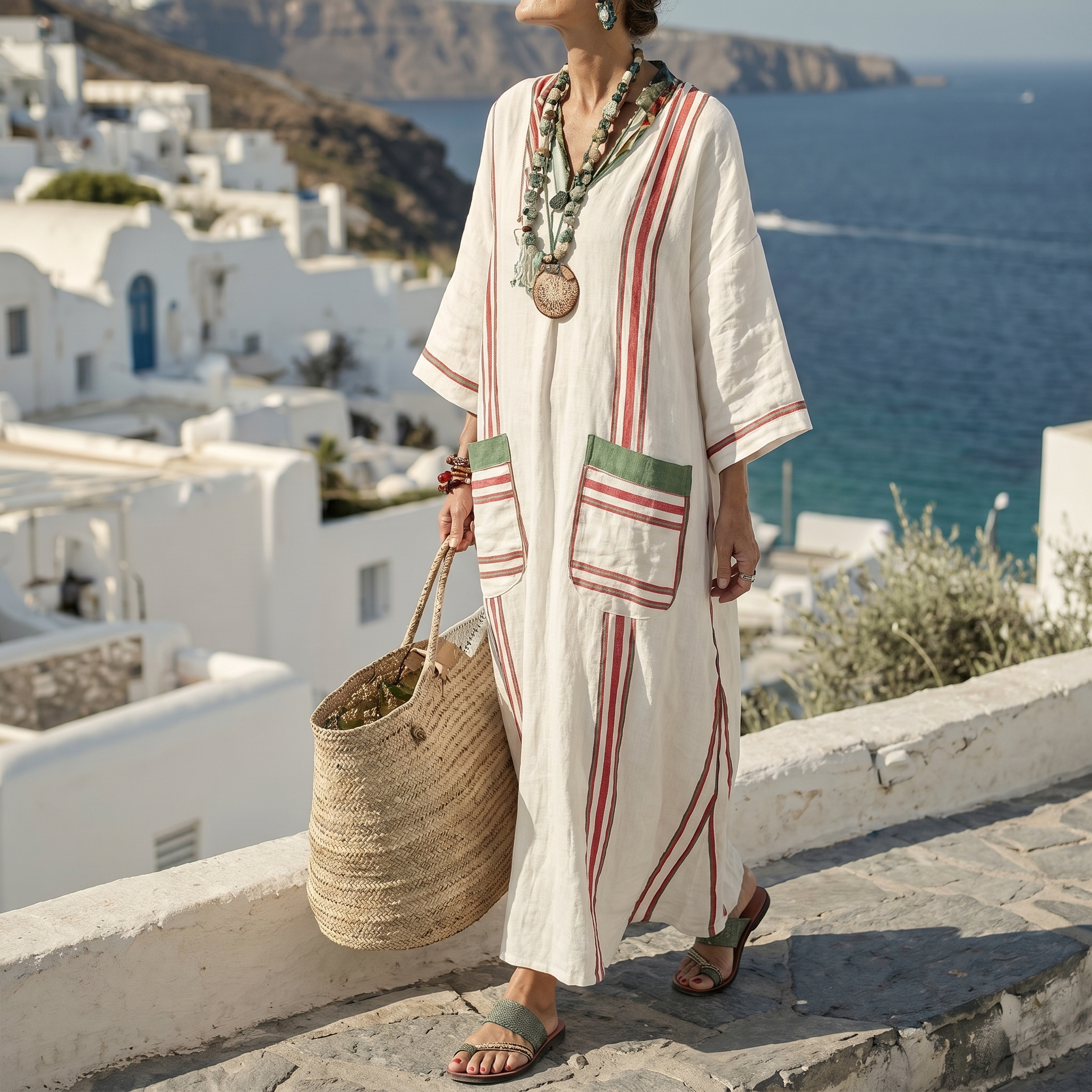 Striped Embroidered V-Neck Dress