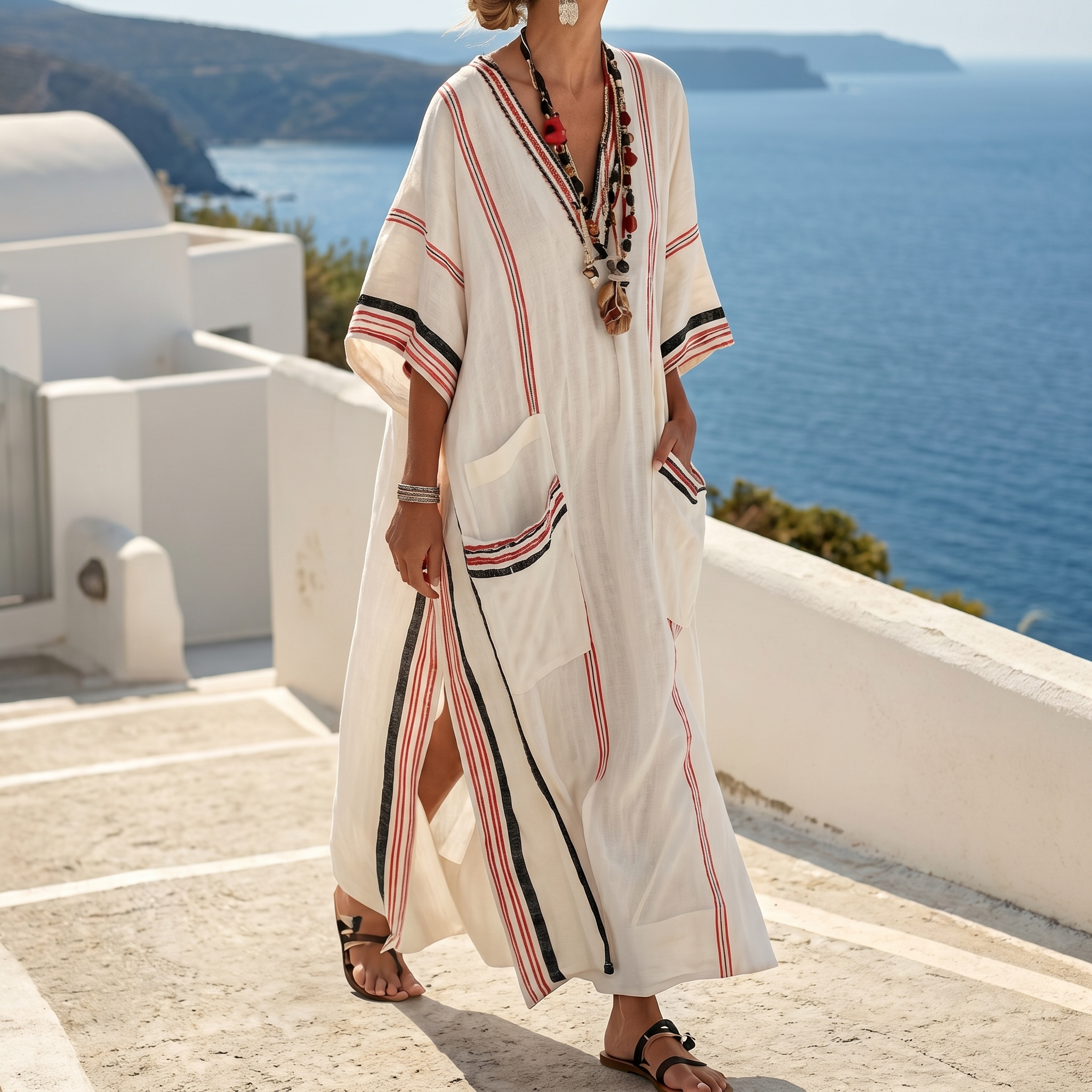 Striped Embroidered V-Neck Dress