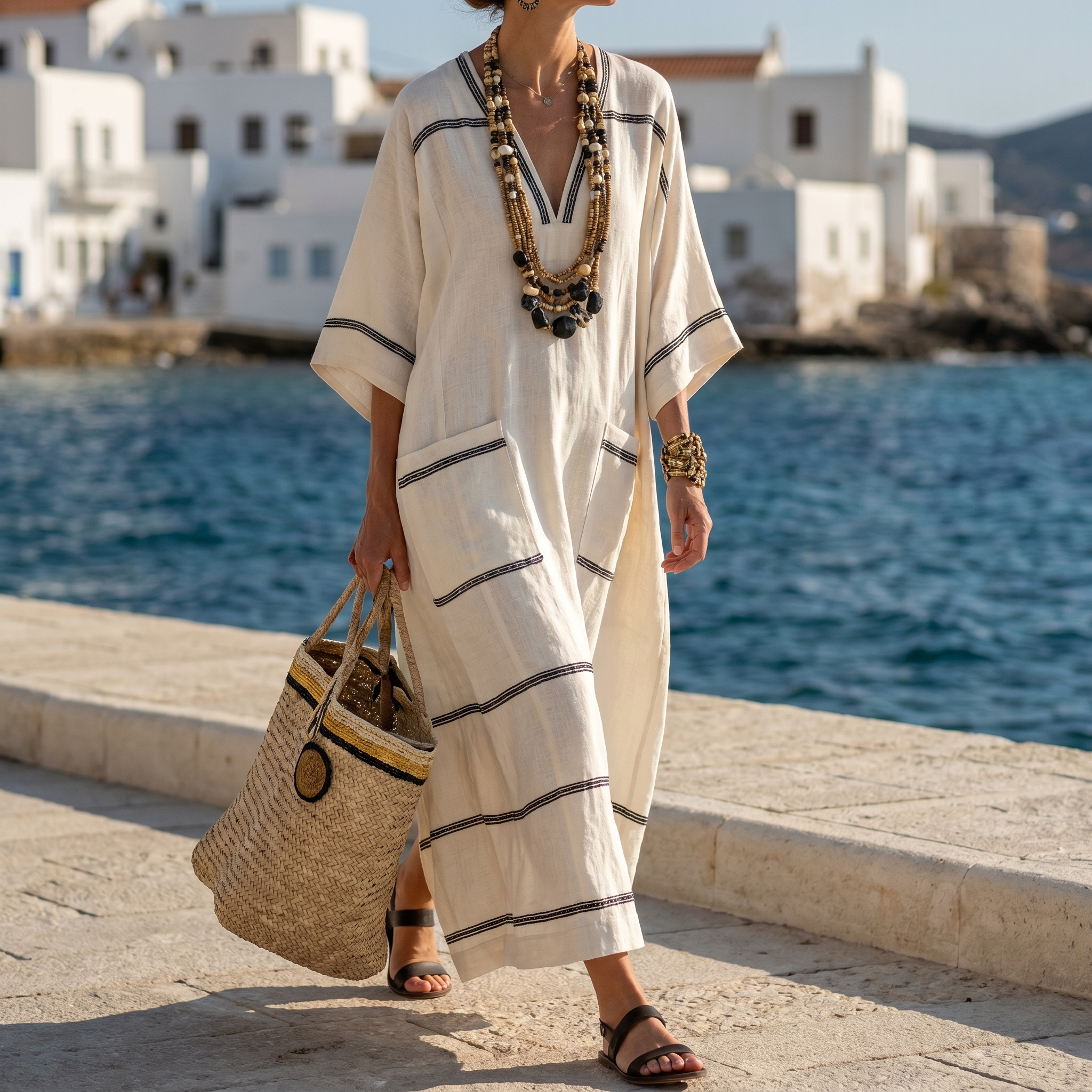 Striped Embroidered V-Neck Dress