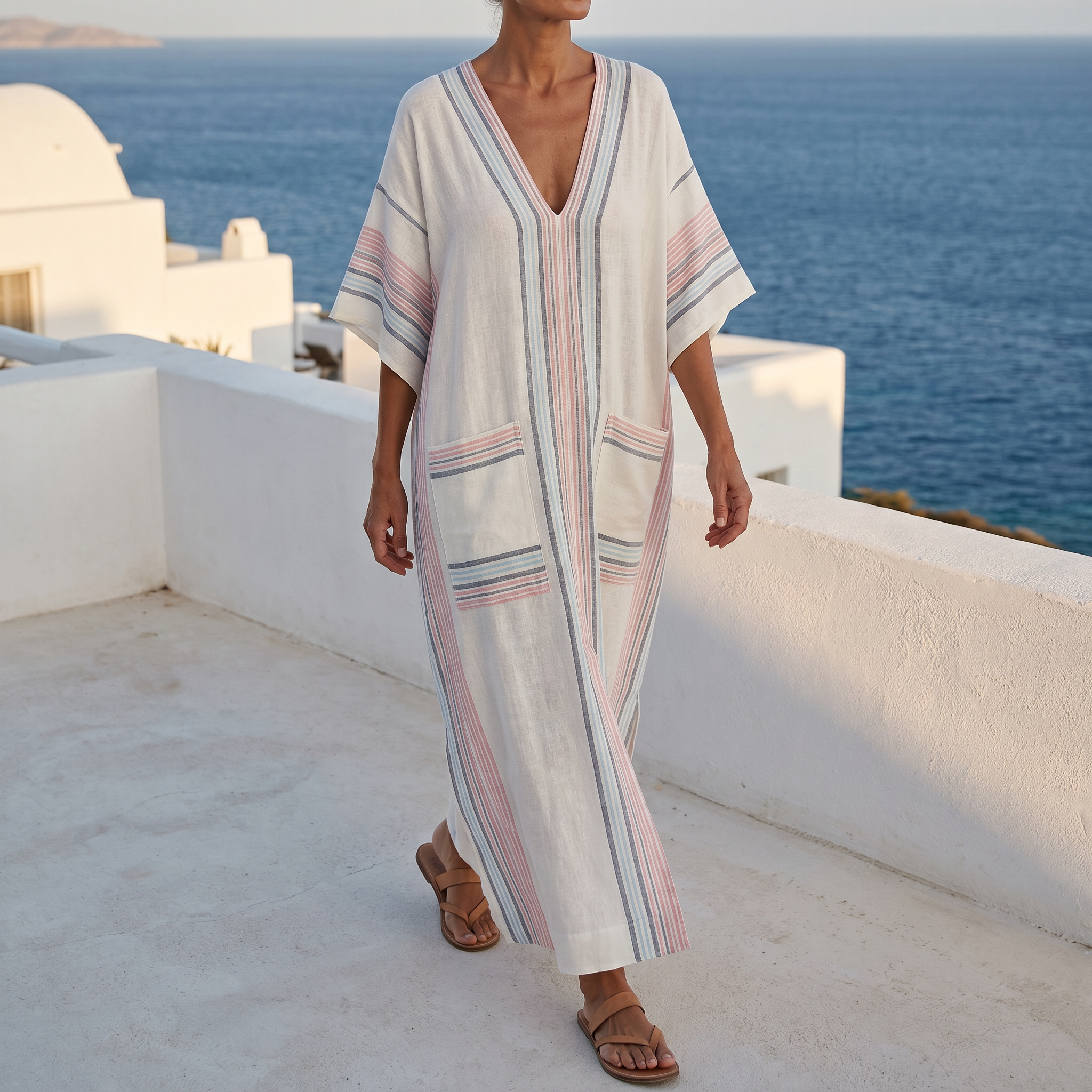 Striped Embroidered V-Neck Dress