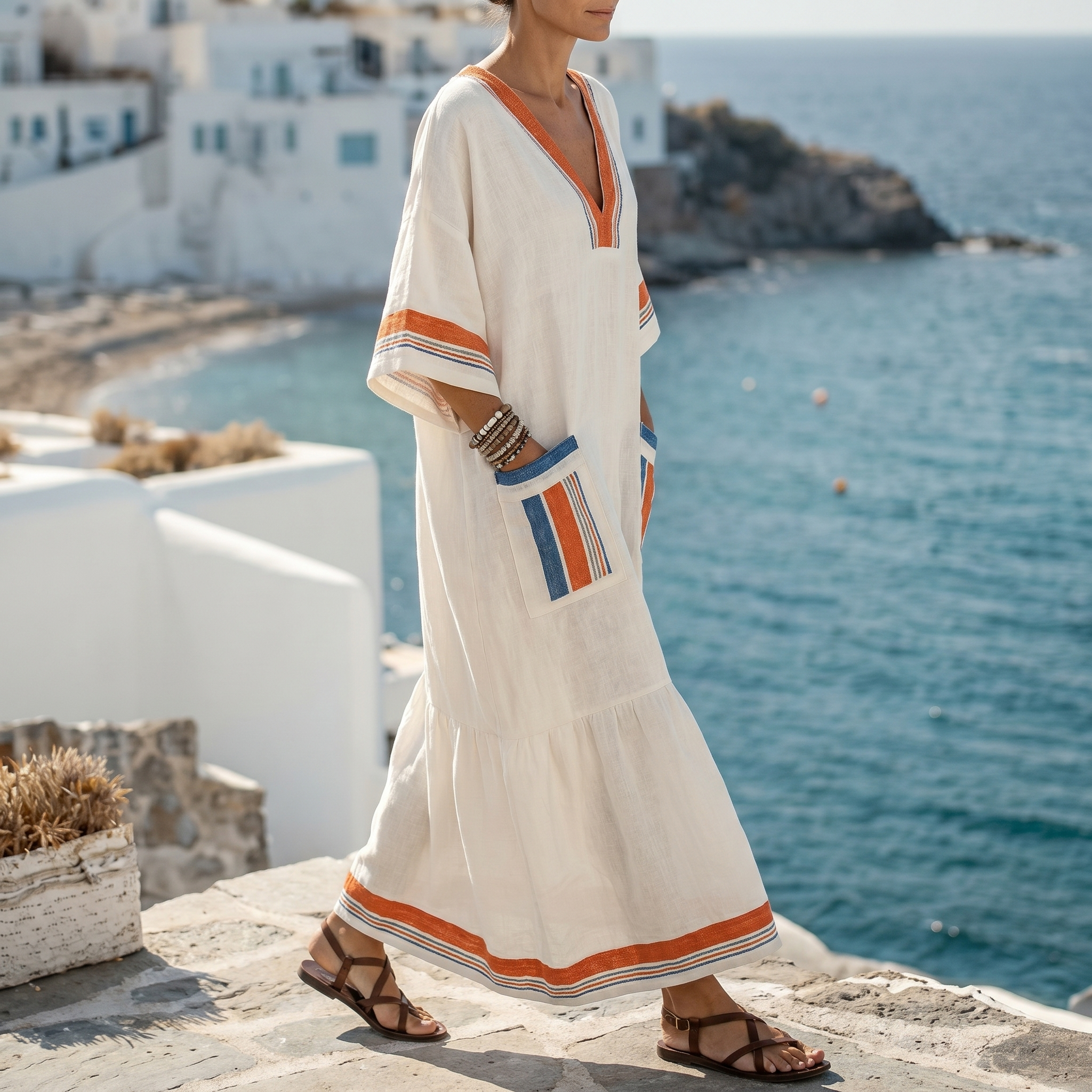 Striped Embroidered V-Neck Dress