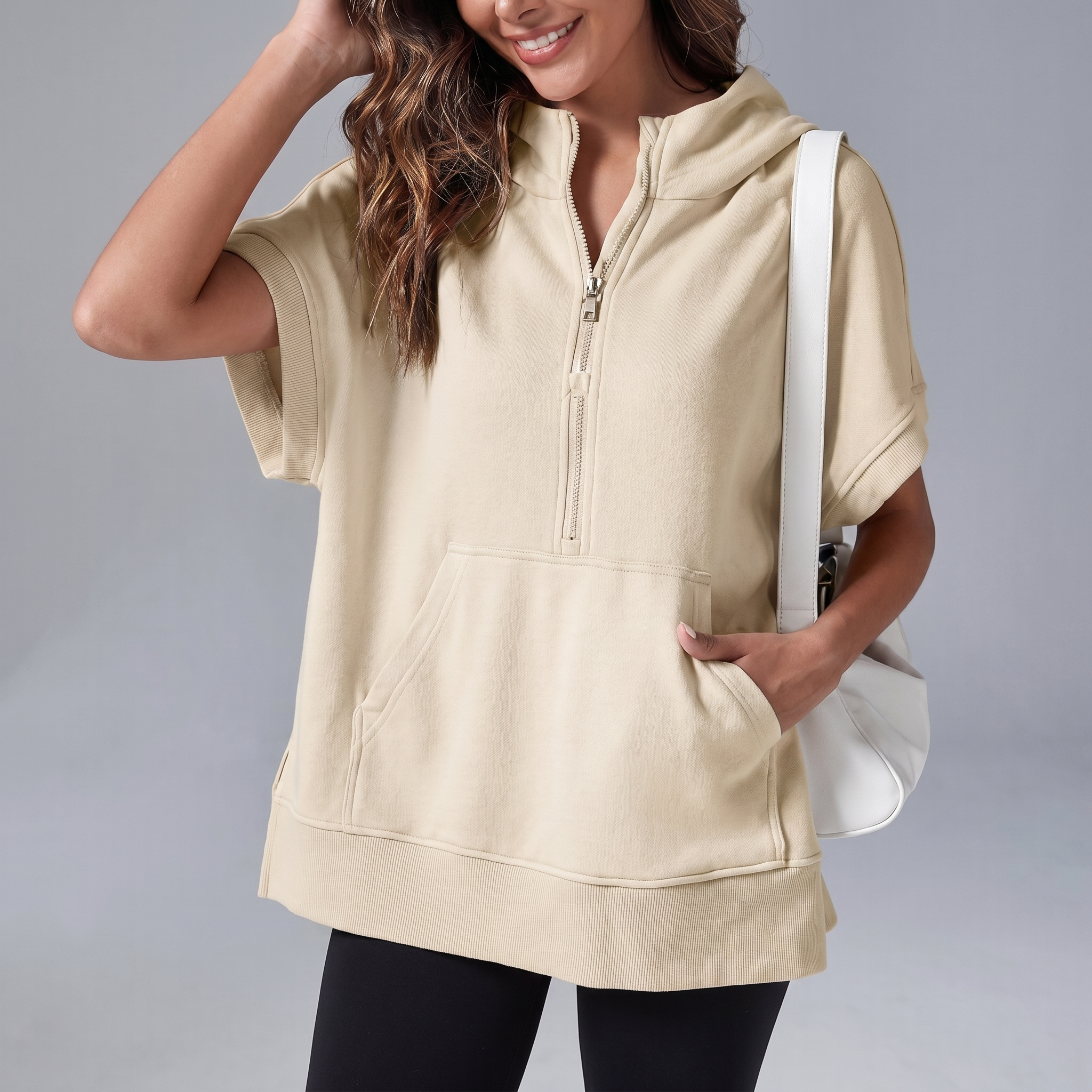 Short-Sleeve Quarter-Zip Hooded Pullover