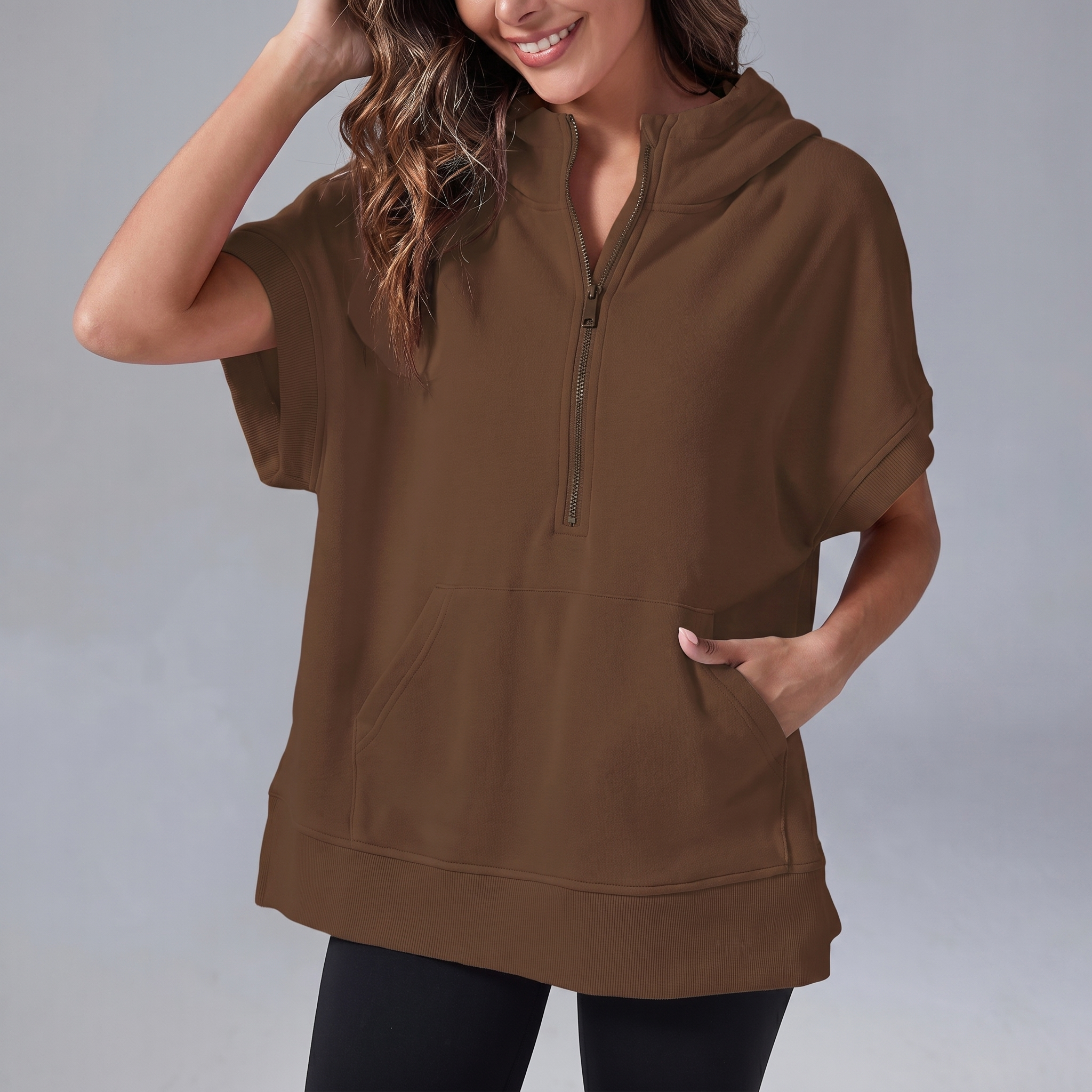 Short-Sleeve Quarter-Zip Hooded Pullover