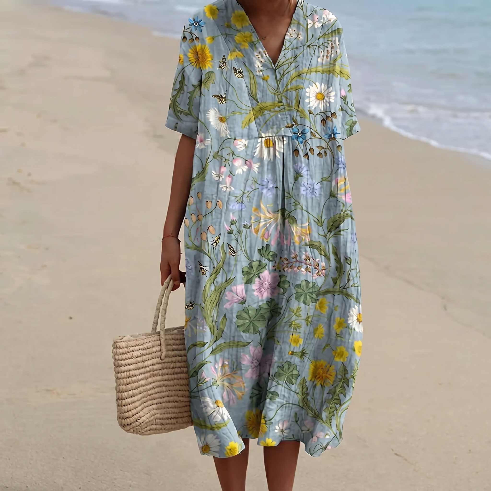 Striped Embroidered V-Neck Kaftan Dress