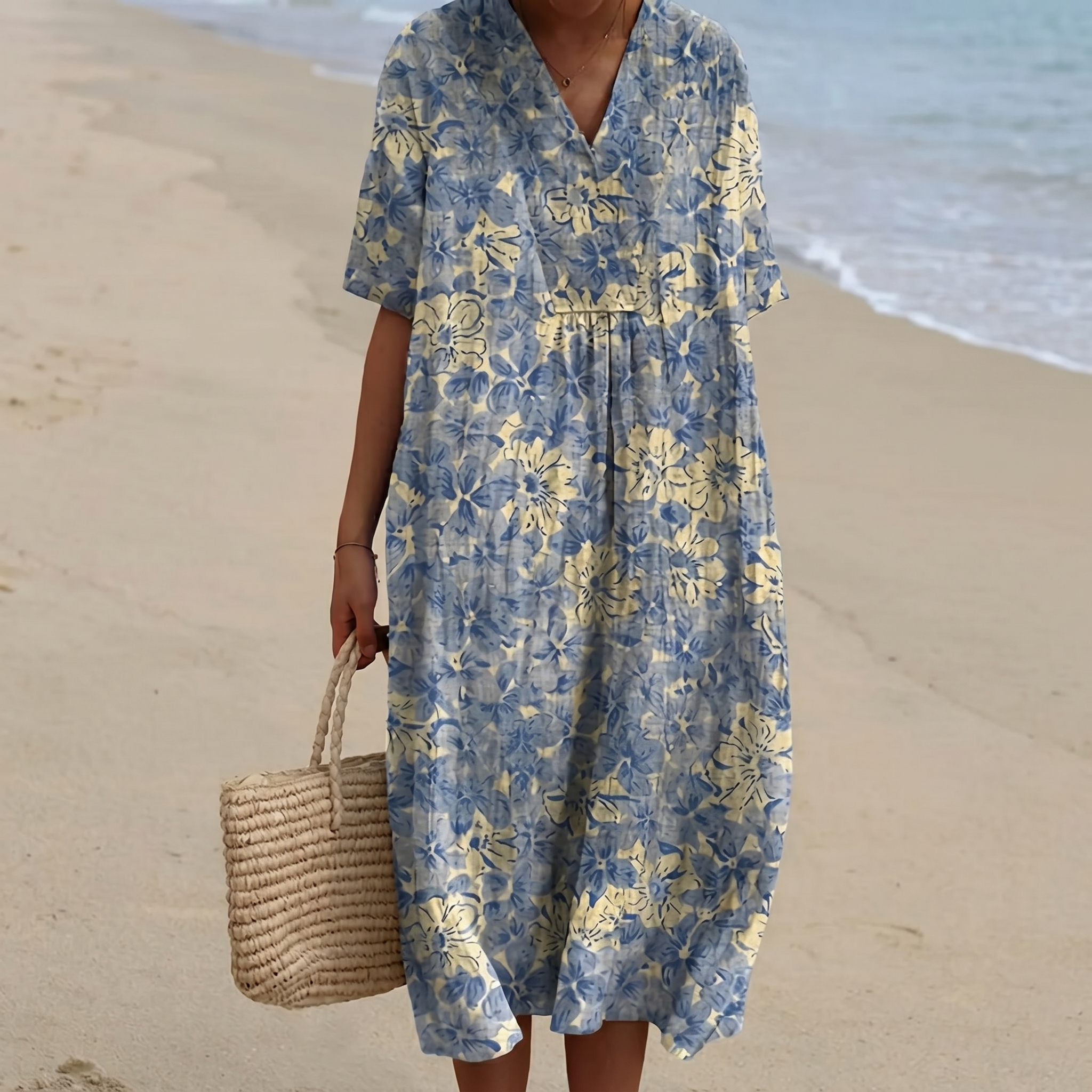 Striped Embroidered V-Neck Kaftan Dress