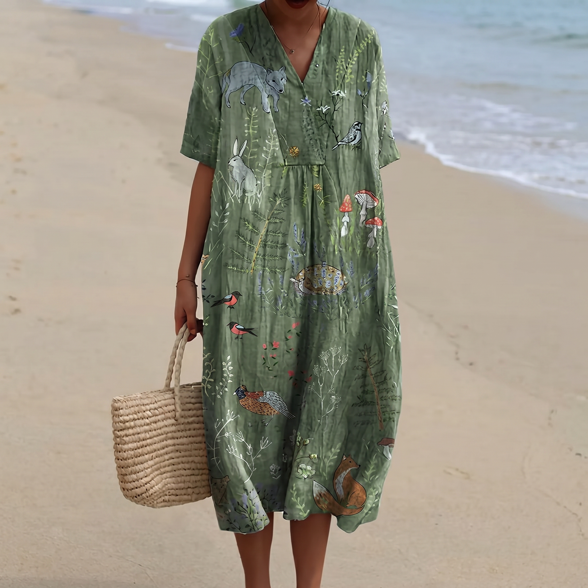 Striped Embroidered V-Neck Kaftan Dress