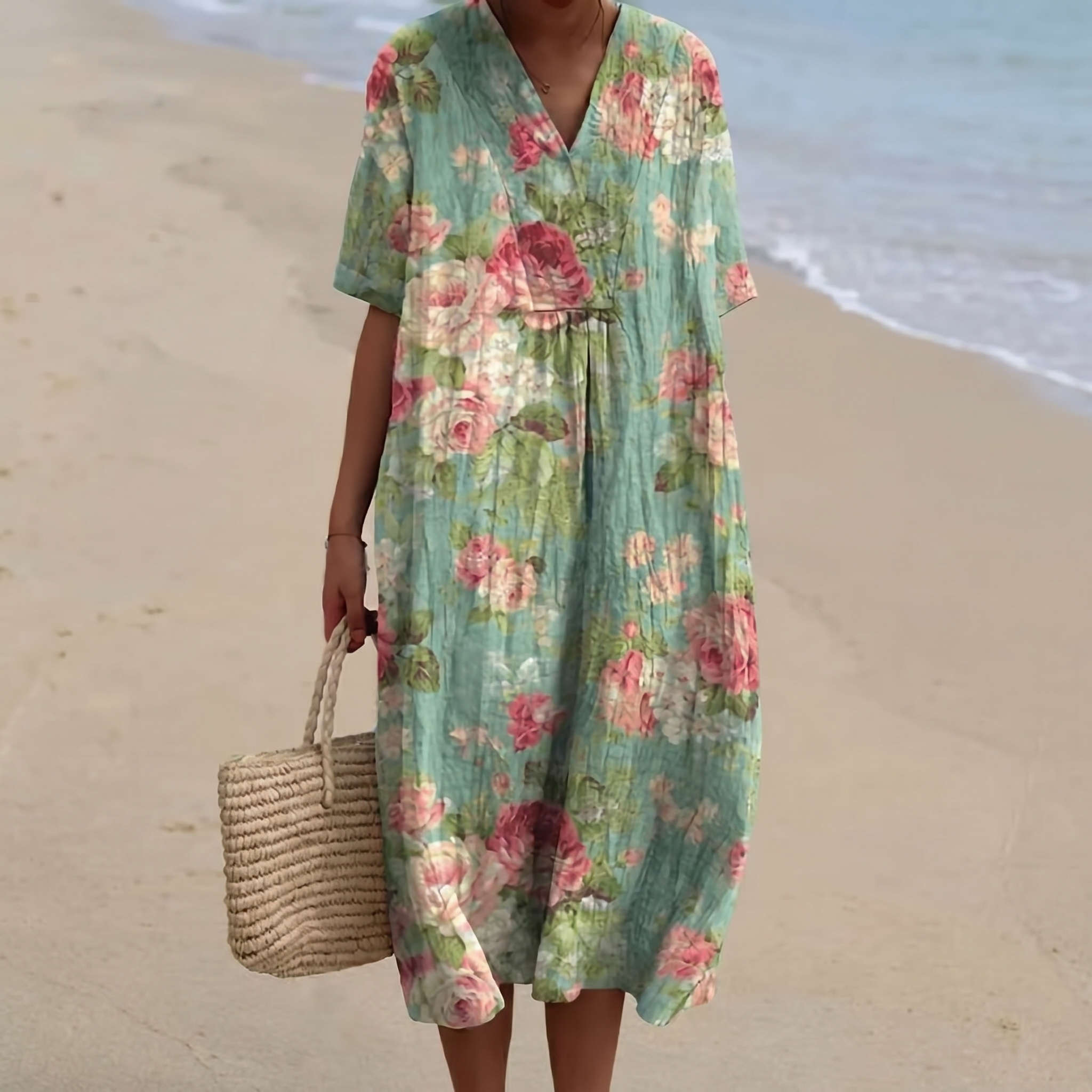 Striped Embroidered V-Neck Kaftan Dress