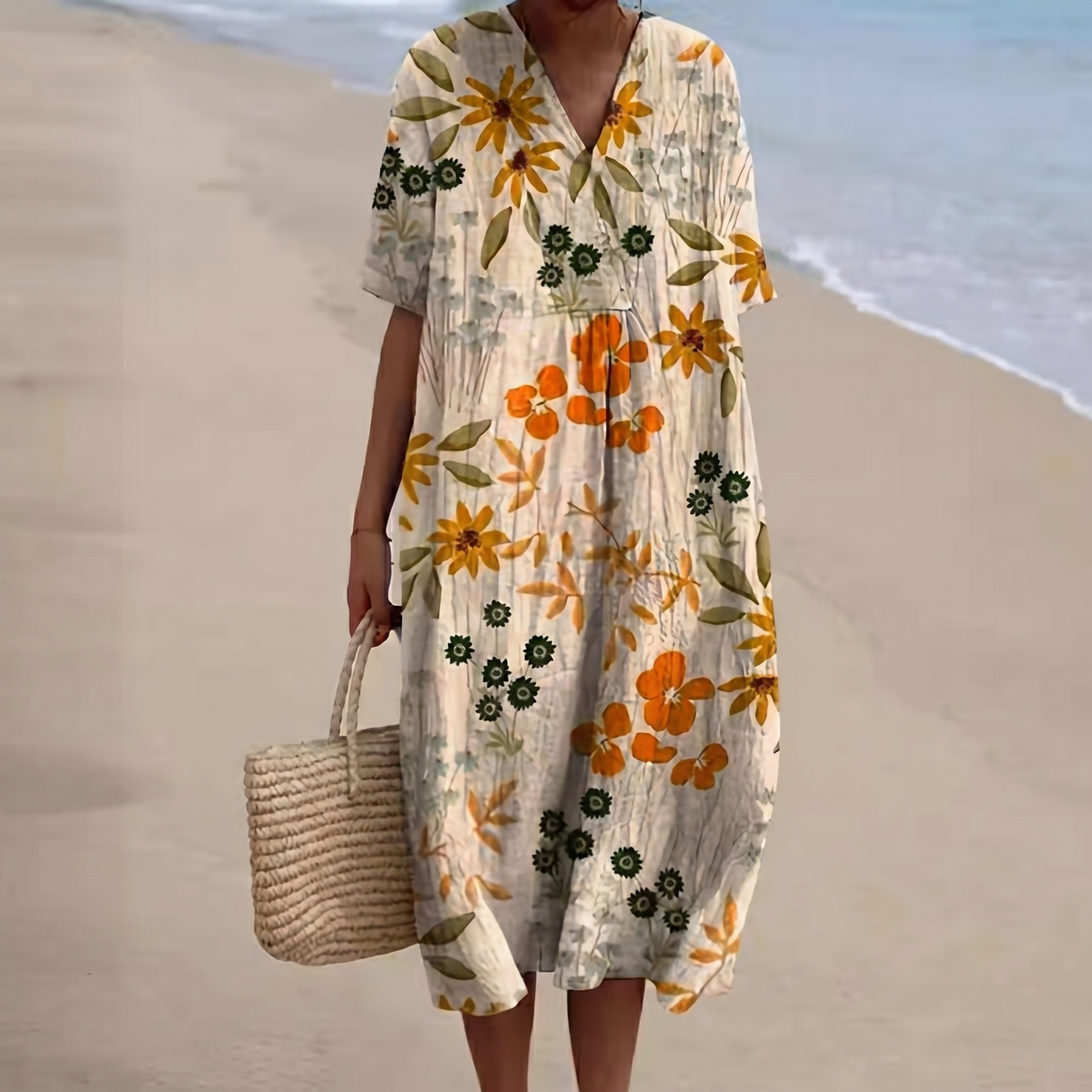 Striped Embroidered V-Neck Kaftan Dress