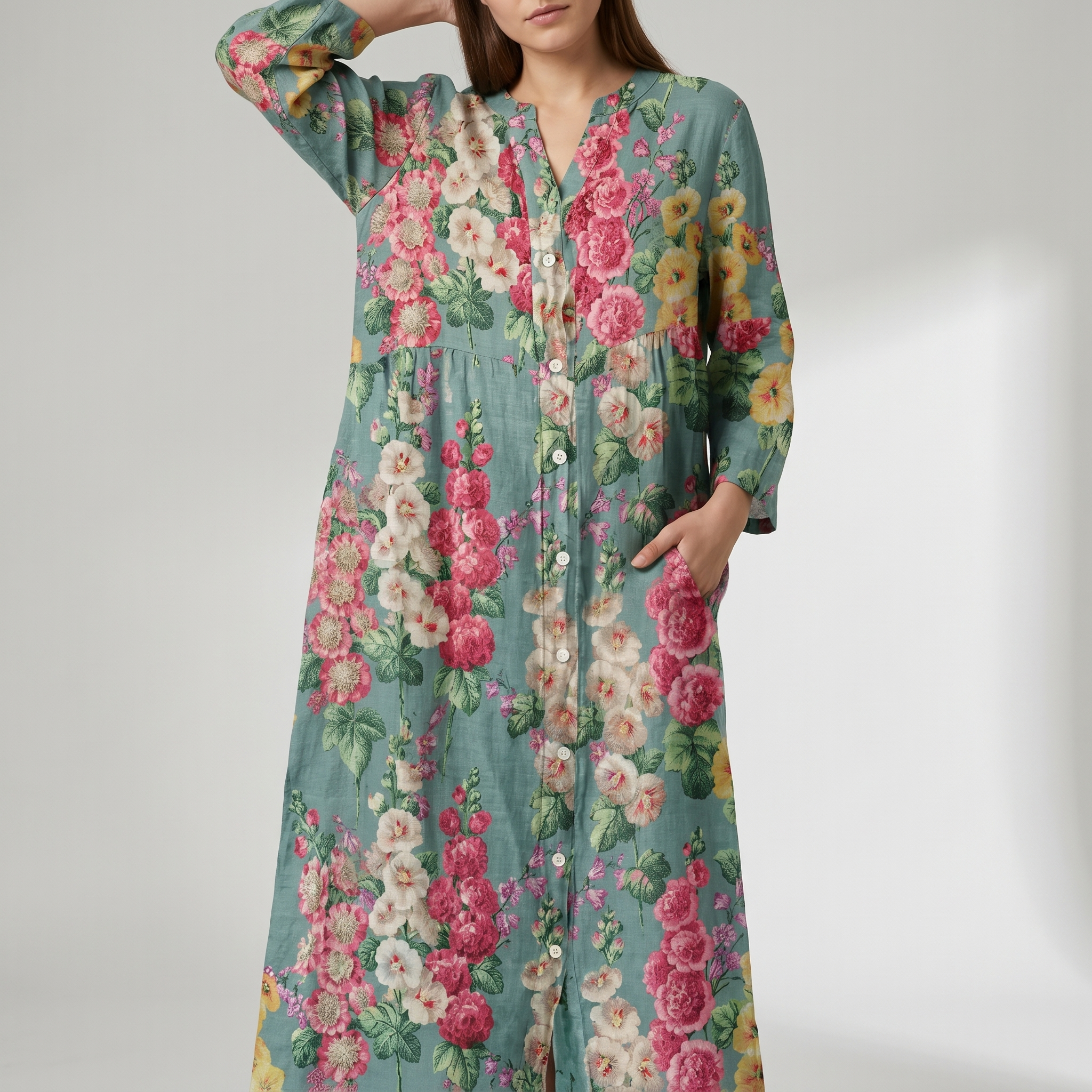 Elegant Floral Loose Button Dress