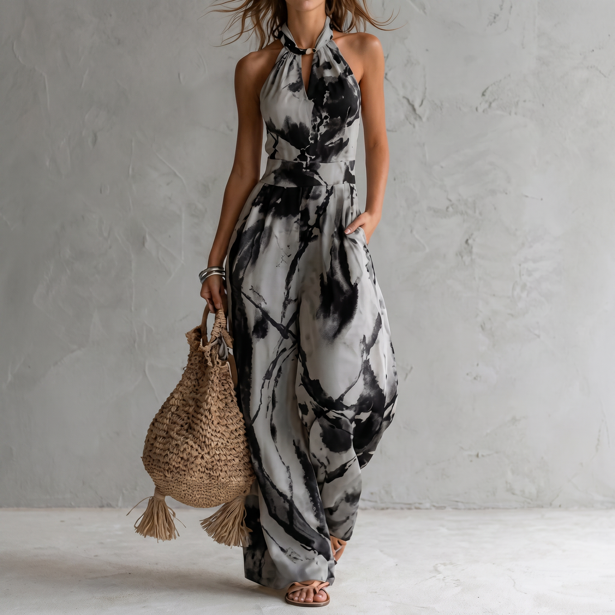 Halter Neck Ink Wash Print Wide Leg Jumpsuit With Pockets
