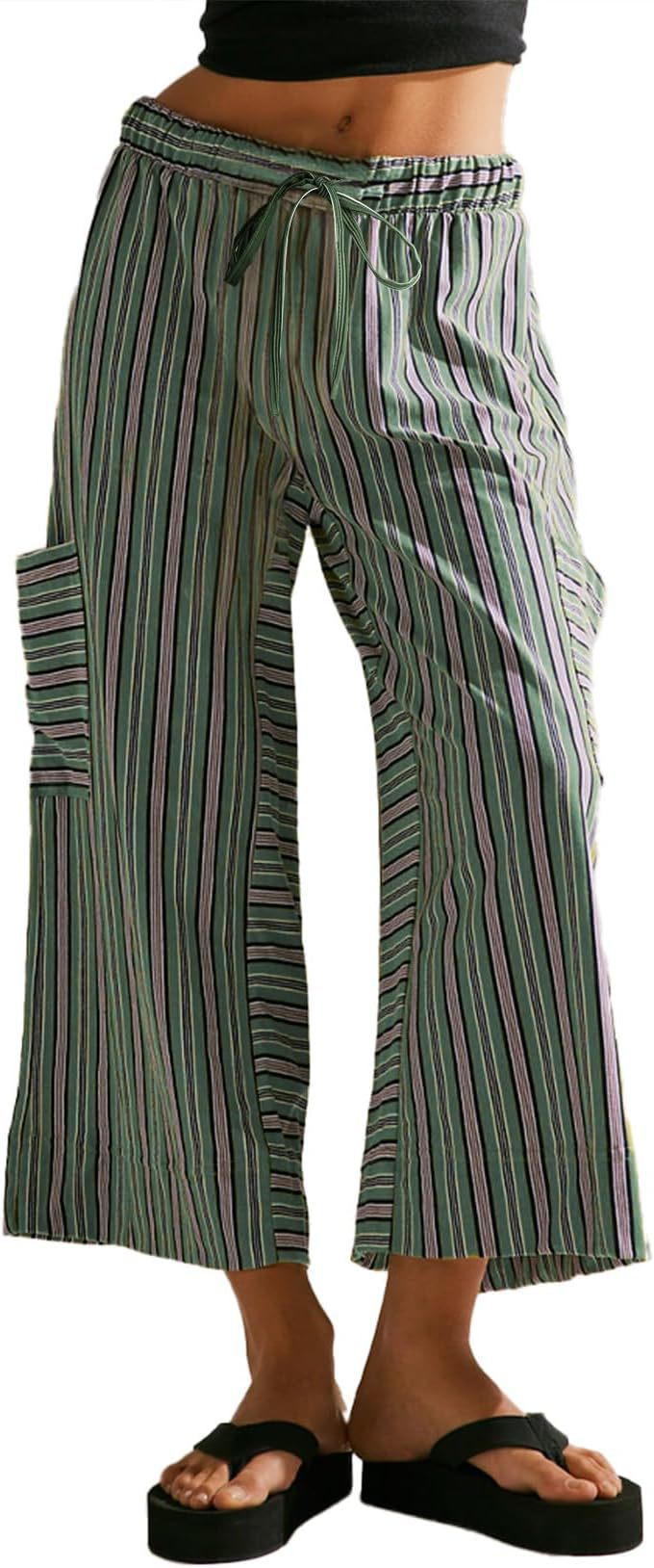 Button-Detail Striped Summer Casual Straight Pants