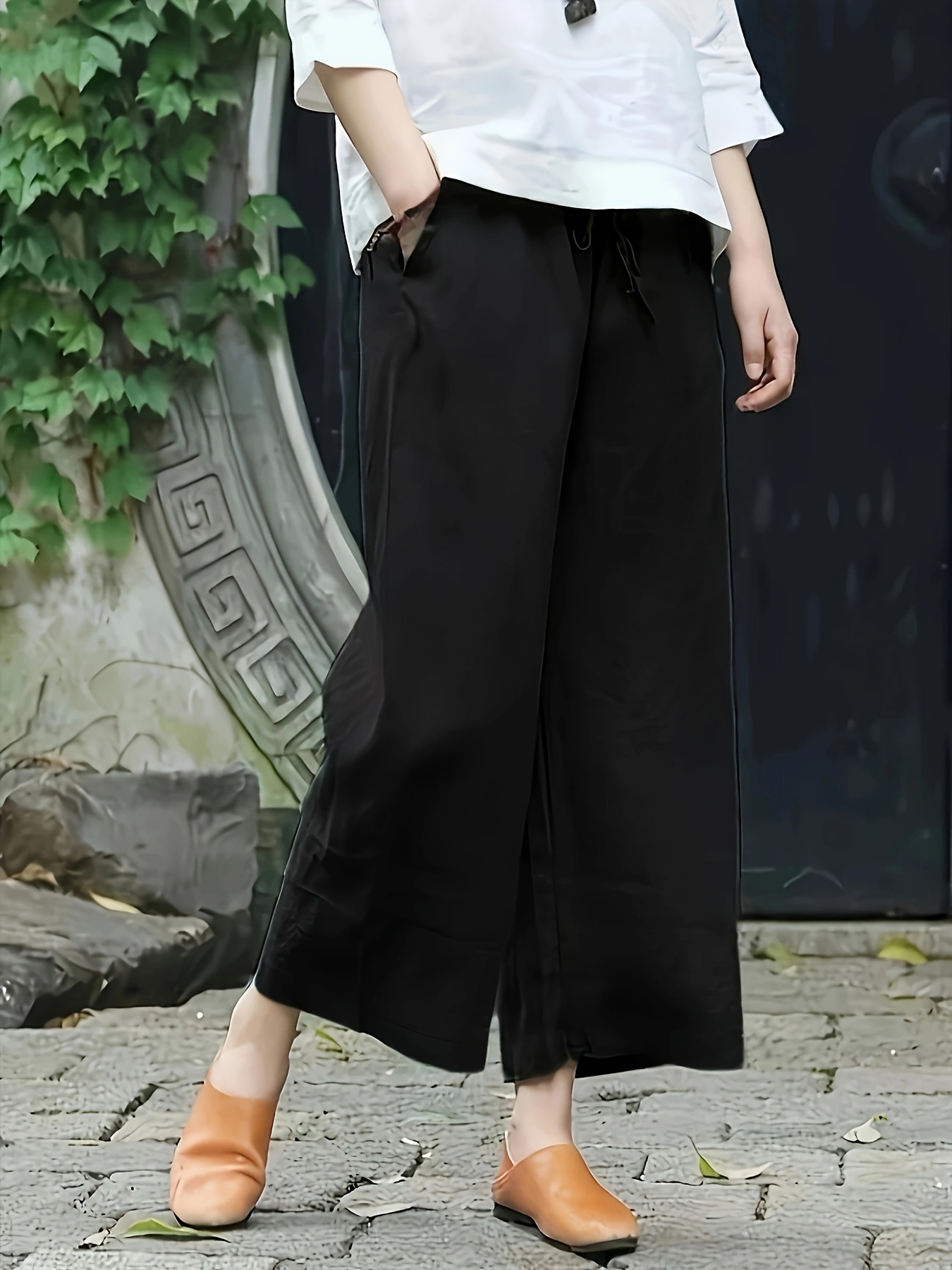 Casual Solid Wide-Leg Pants