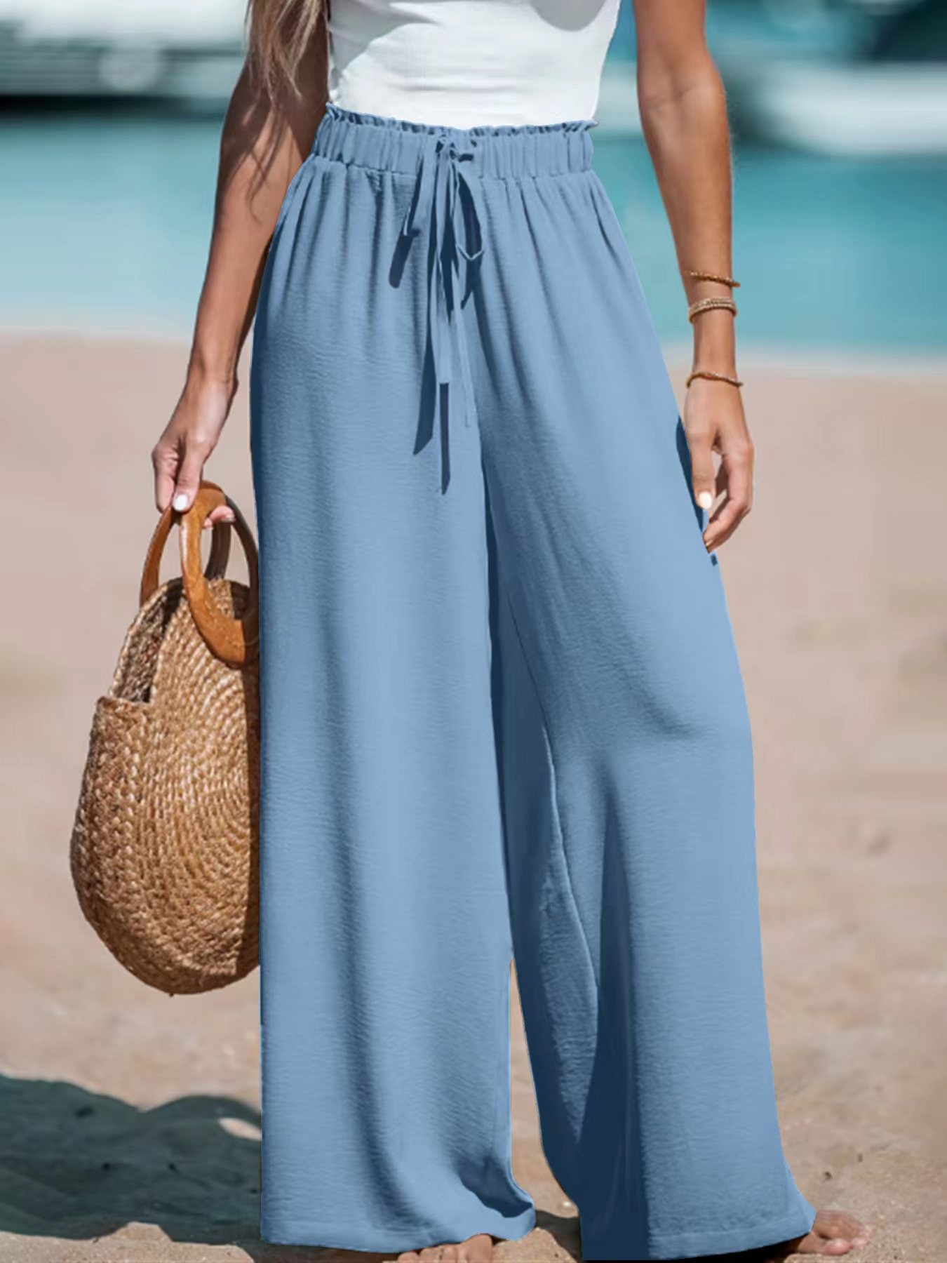 Casual High-Waist Drawstring Wide-Leg Beach Pants