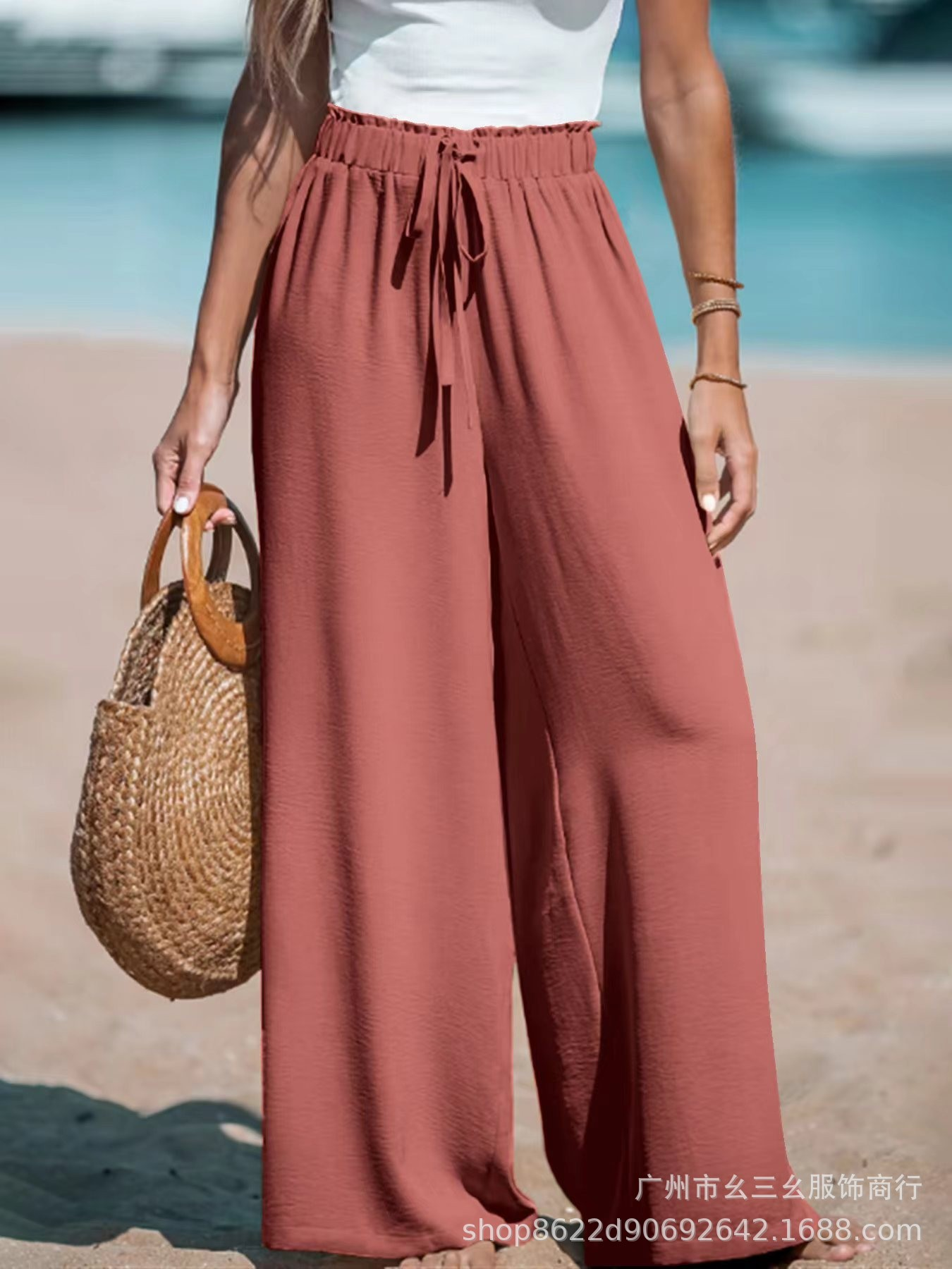 Casual High-Waist Drawstring Wide-Leg Beach Pants