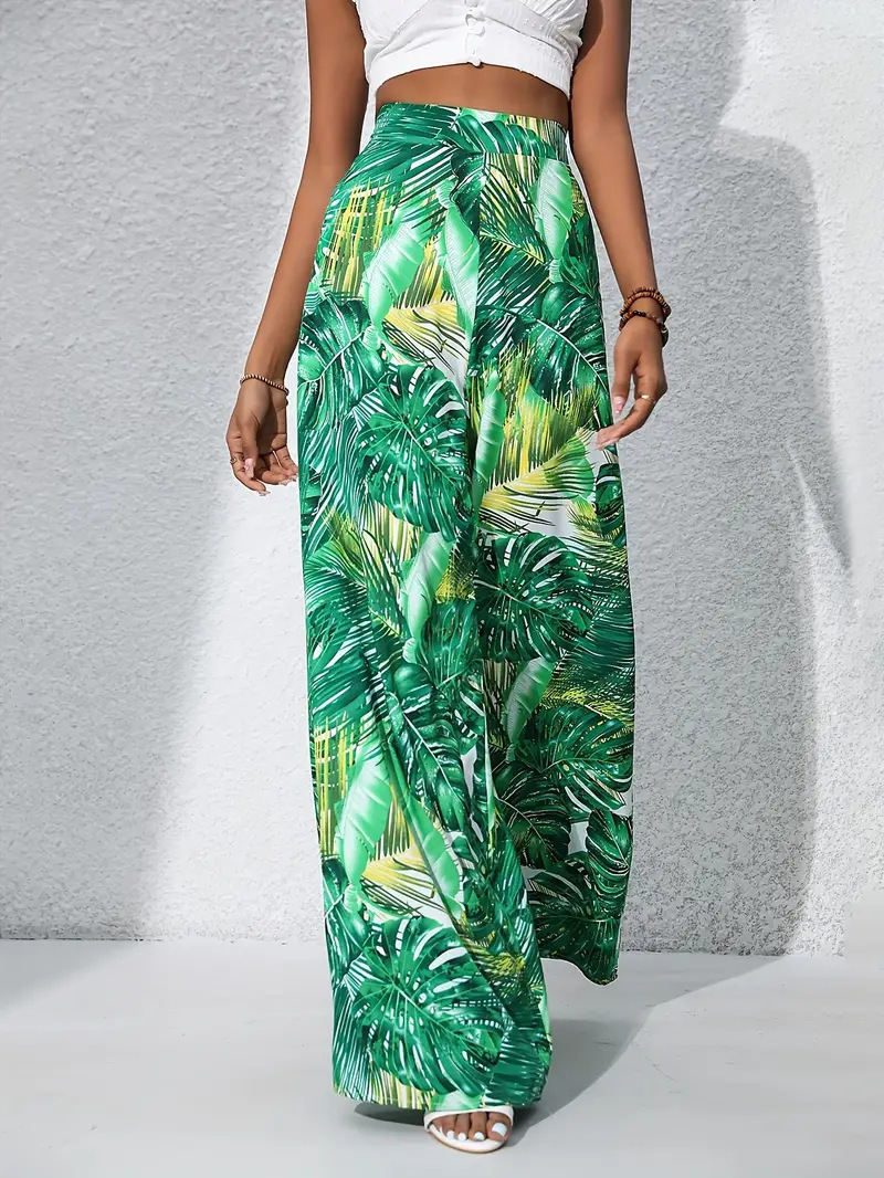 Tropical Leaf Print Wide Leg Pants