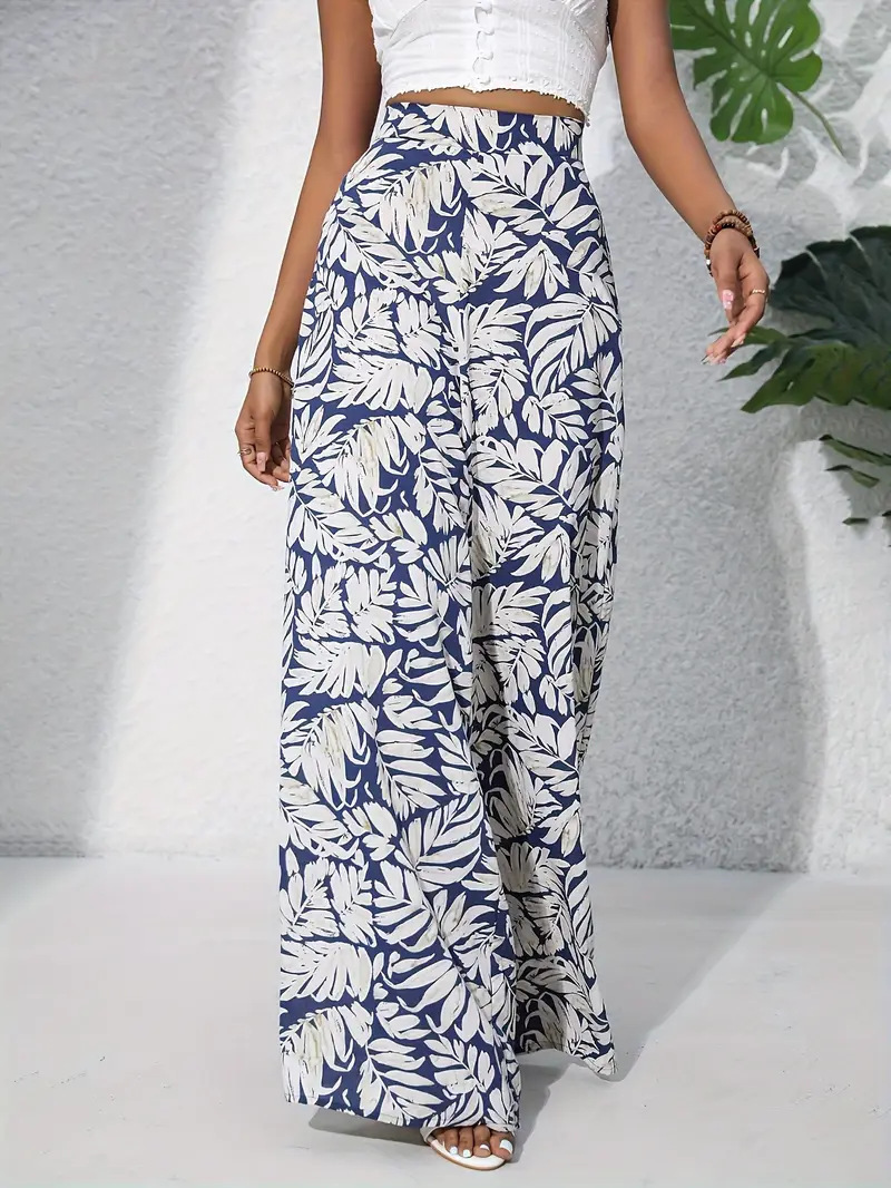 Tropical Leaf Print Wide Leg Pants