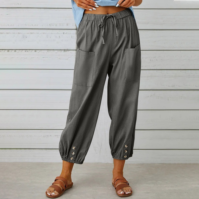 Comfortable Button Hem Cropped Pants
