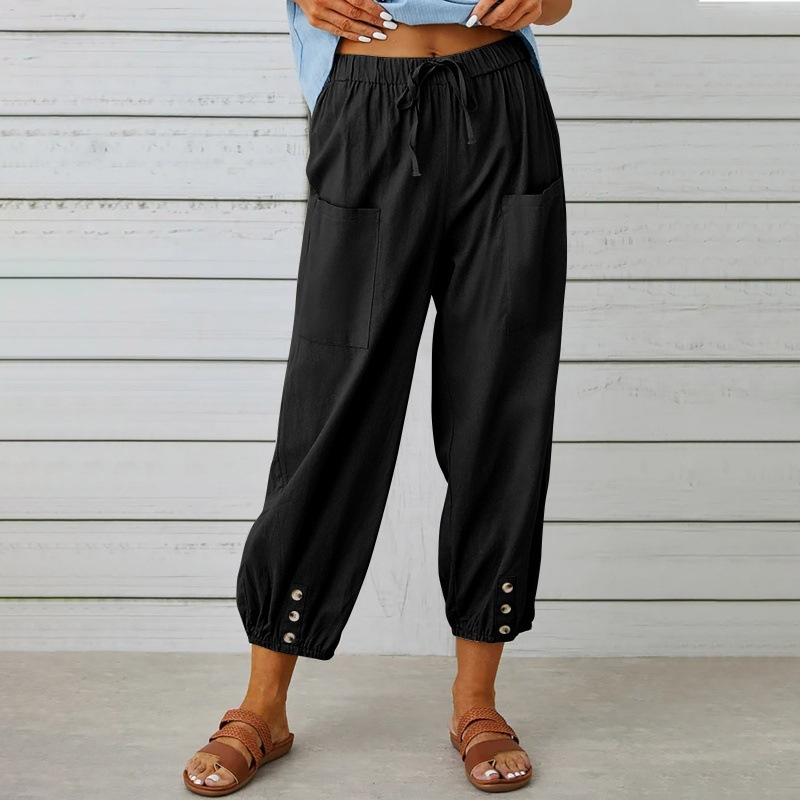 Comfortable Button Hem Cropped Pants