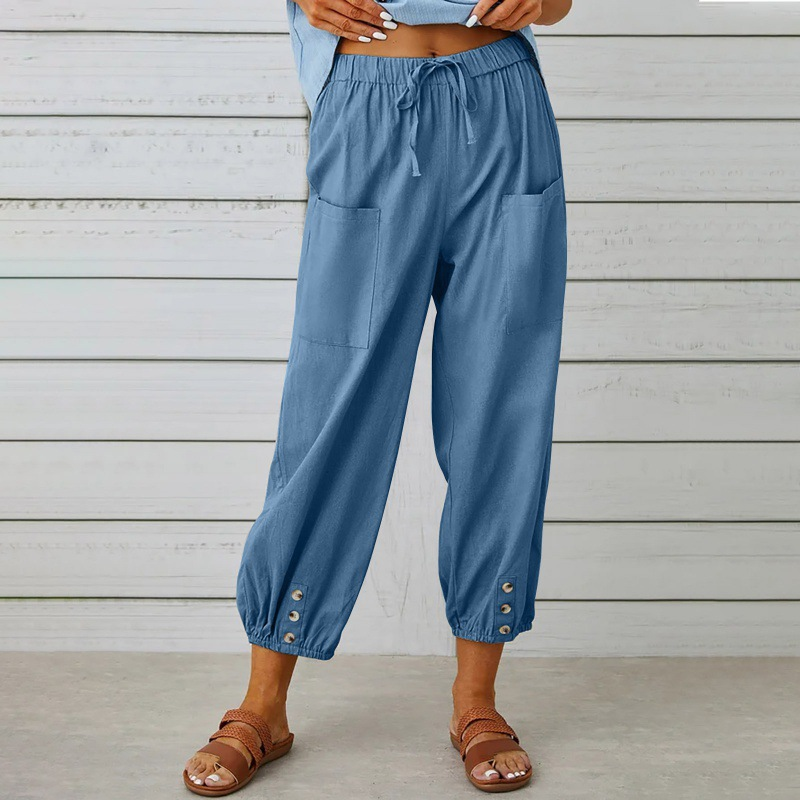 Comfortable Button Hem Cropped Pants