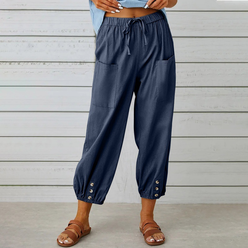 Comfortable Button Hem Cropped Pants